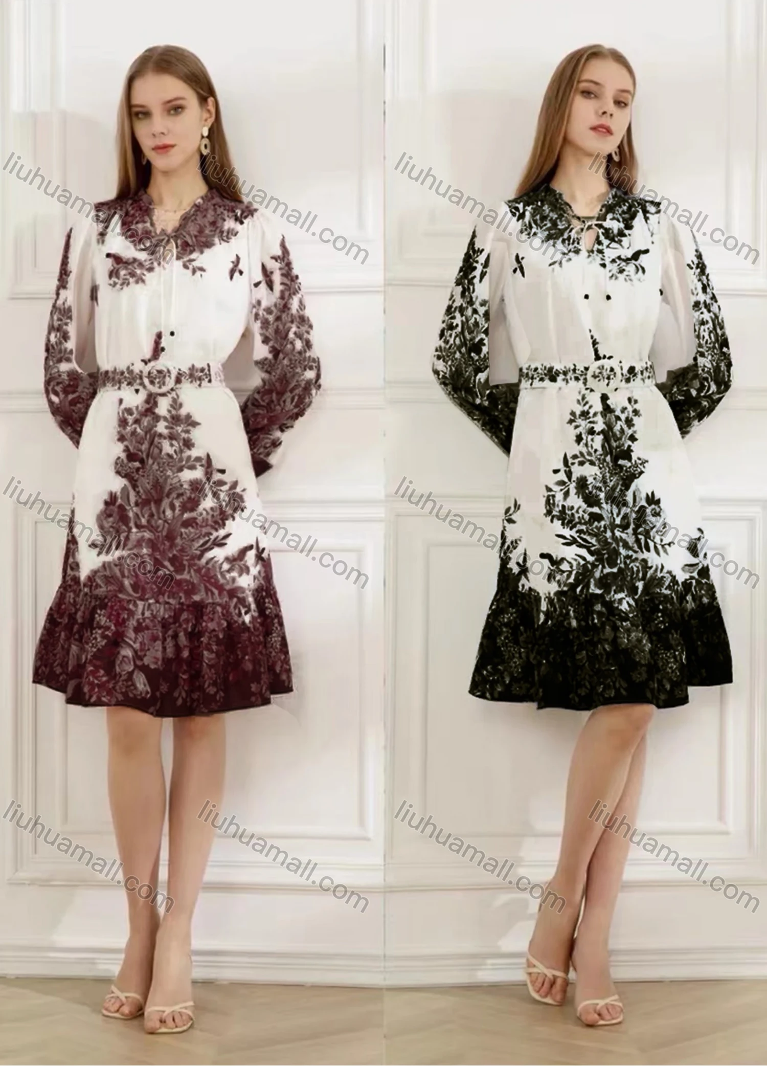 Wholesale Women's Elegant Floral Ruffle Hem Tie Neck Long Sleeve Knee Length Dress With Belt - Liuhuamall