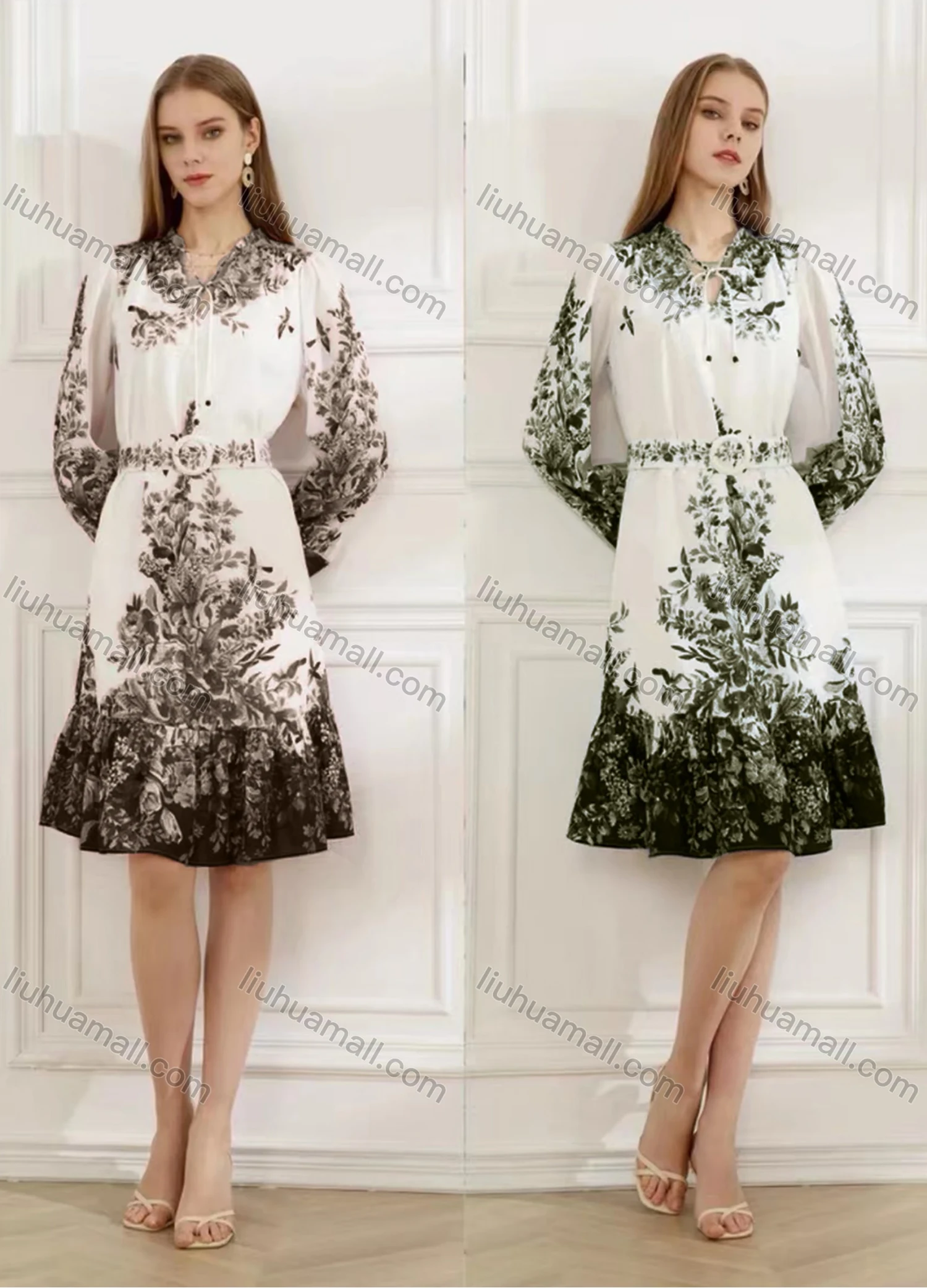 Wholesale Women's Elegant Floral Ruffle Hem Tie Neck Long Sleeve Knee Length Dress With Belt - Liuhuamall