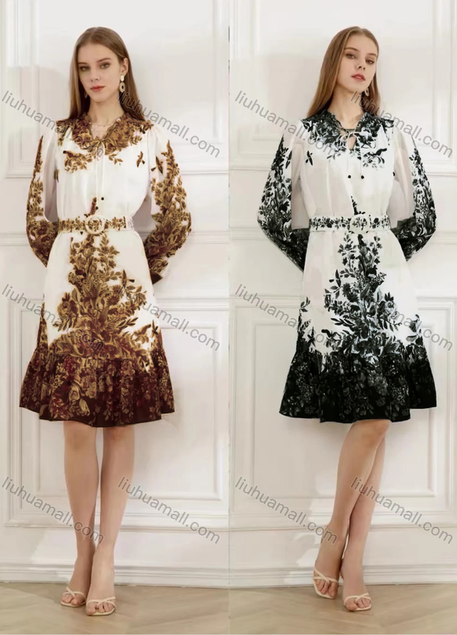 Wholesale Women's Elegant Floral Ruffle Hem Tie Neck Long Sleeve Knee Length Dress With Belt - Liuhuamall