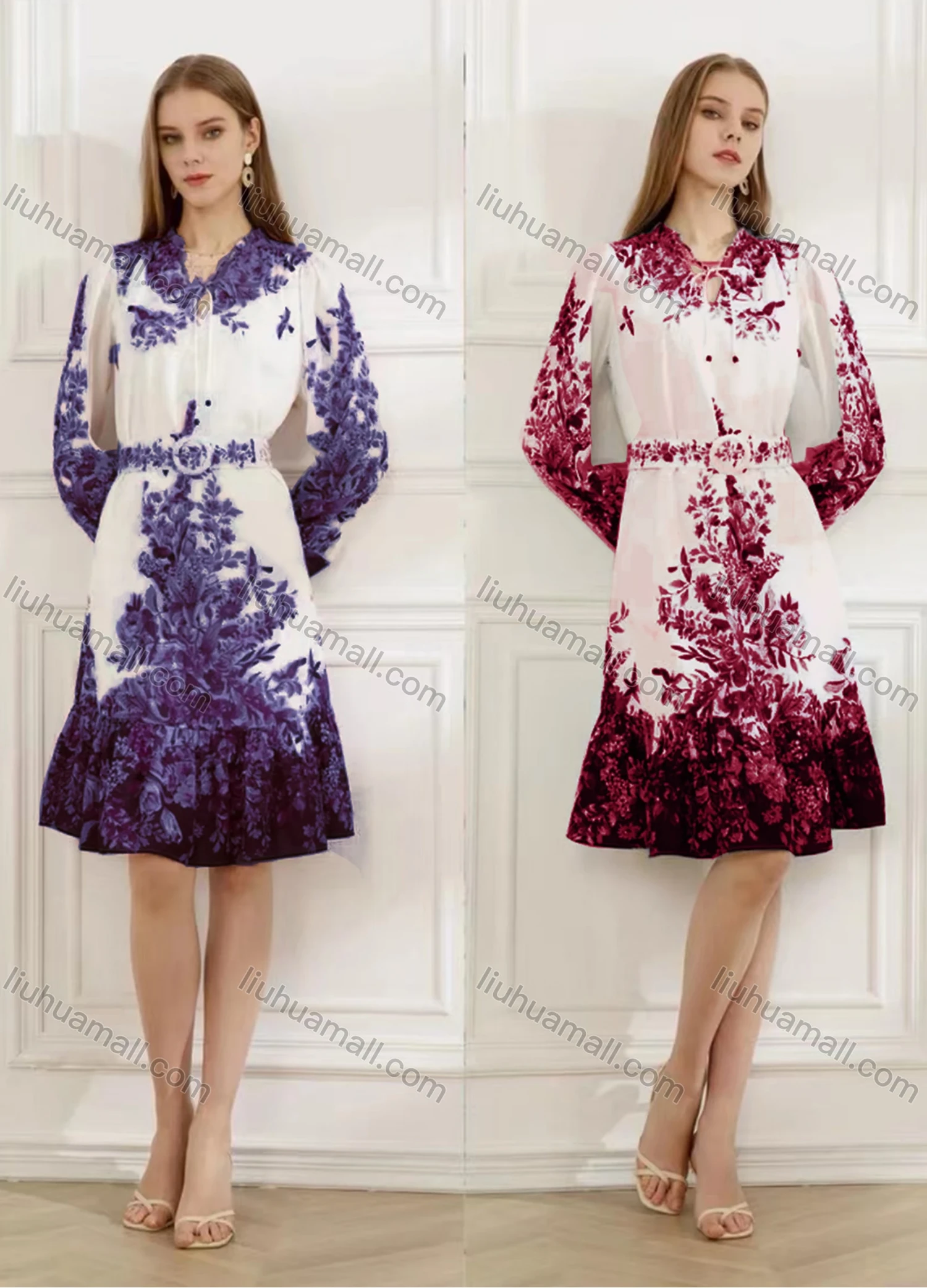 Wholesale Women's Elegant Floral Ruffle Hem Tie Neck Long Sleeve Knee Length Dress With Belt - Liuhuamall