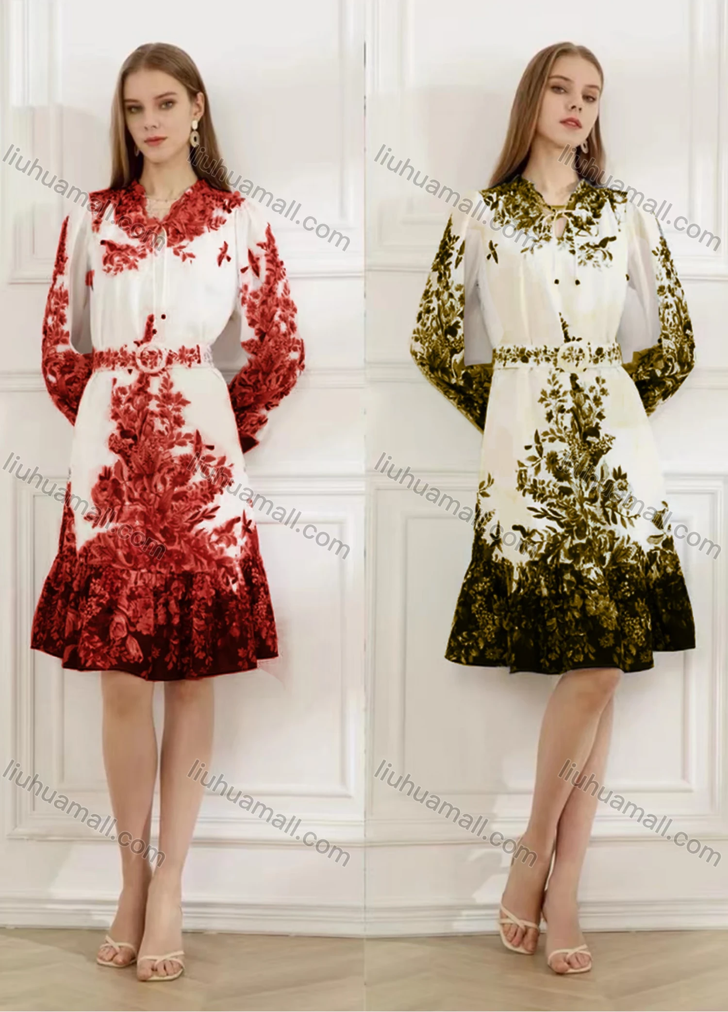 Wholesale Women's Elegant Floral Ruffle Hem Tie Neck Long Sleeve Knee Length Dress With Belt - Liuhuamall