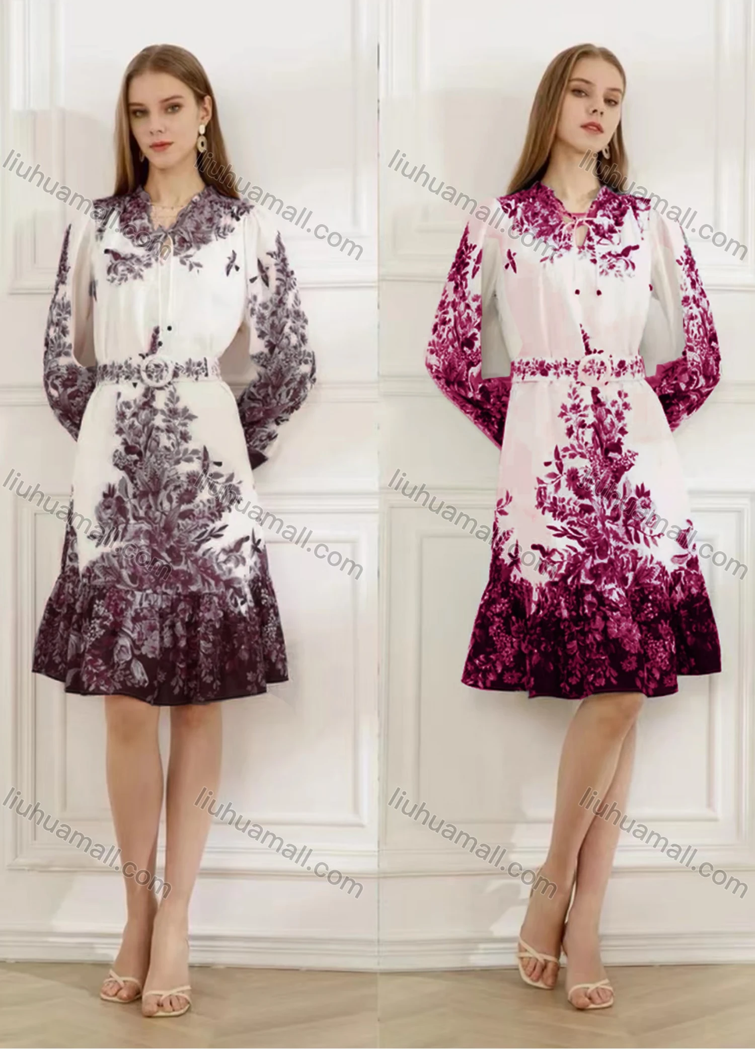 Wholesale Women's Elegant Floral Ruffle Hem Tie Neck Long Sleeve Knee Length Dress With Belt - Liuhuamall