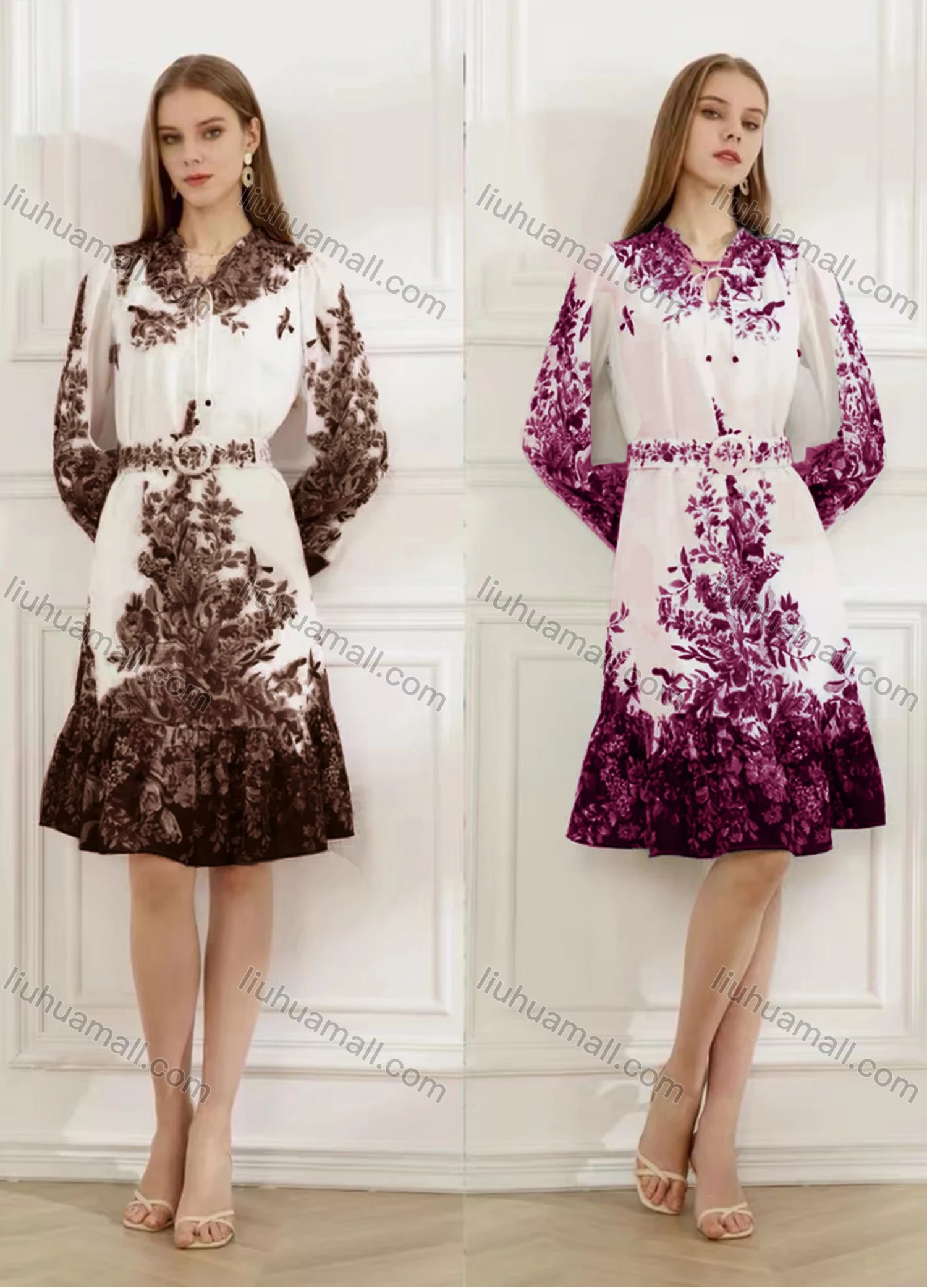 Wholesale Women's Elegant Floral Ruffle Hem Tie Neck Long Sleeve Knee Length Dress With Belt - Liuhuamall