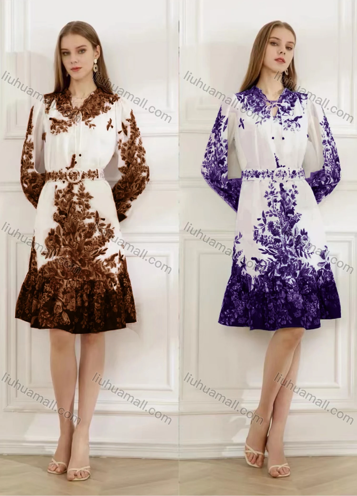 Wholesale Women's Elegant Floral Ruffle Hem Tie Neck Long Sleeve Knee Length Dress With Belt - Liuhuamall