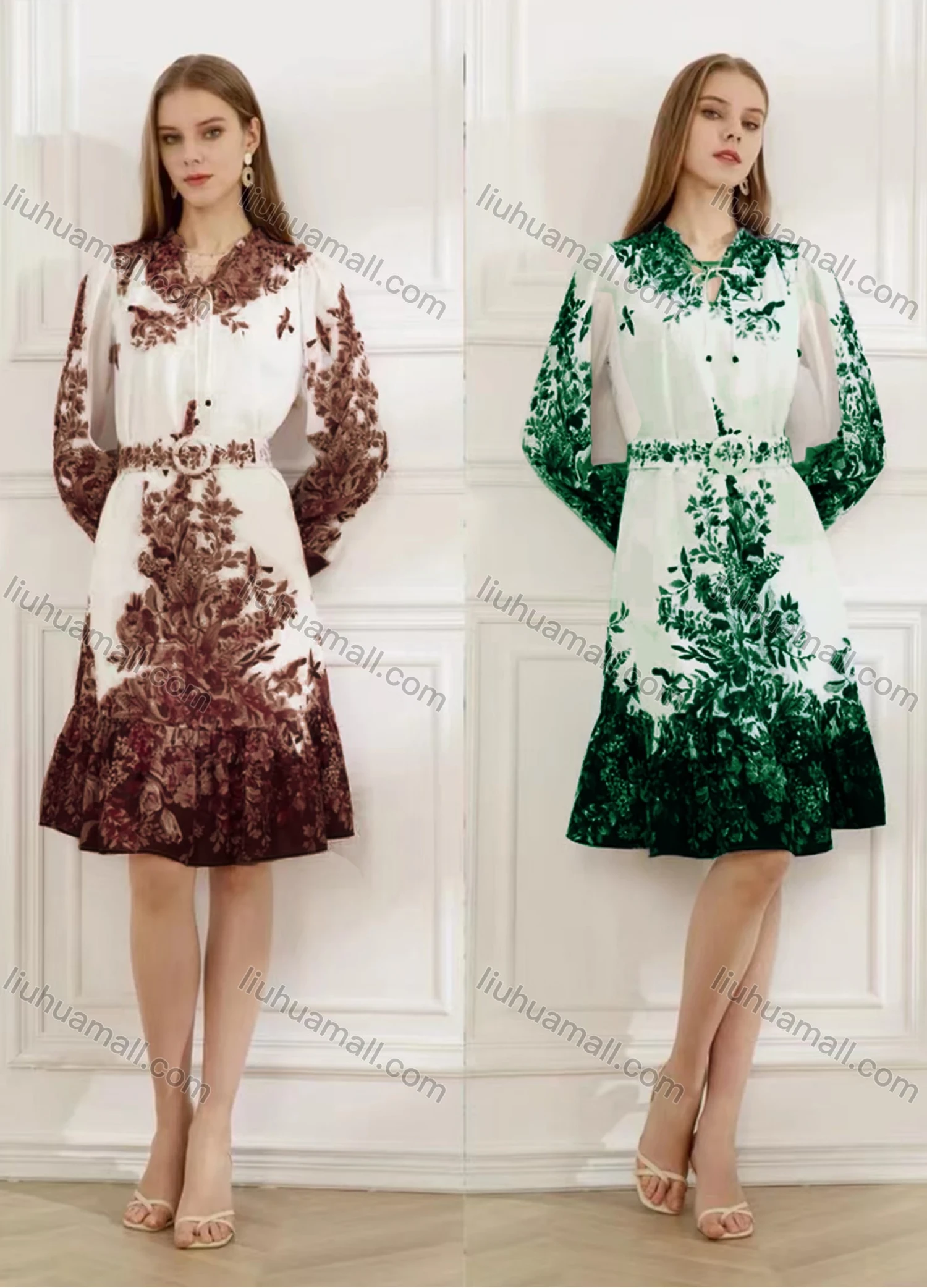 Wholesale Women's Elegant Floral Ruffle Hem Tie Neck Long Sleeve Knee Length Dress With Belt - Liuhuamall