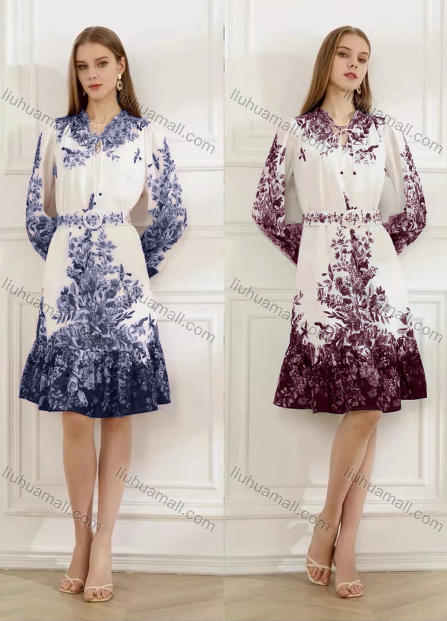 Wholesale Women's Elegant Floral Ruffle Hem Tie Neck Long Sleeve Knee Length Dress With Belt - Liuhuamall