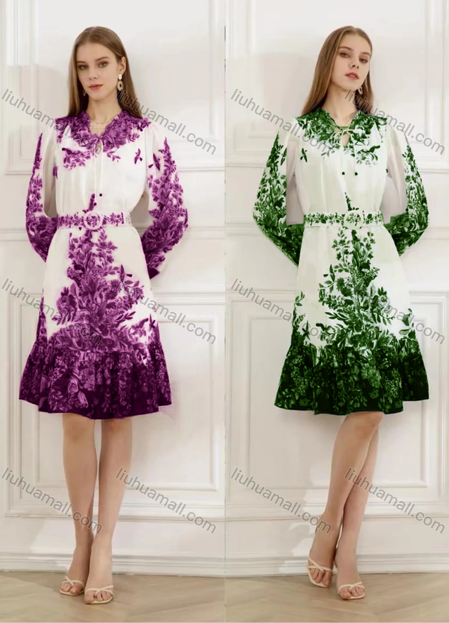 Wholesale Women's Elegant Floral Ruffle Hem Tie Neck Long Sleeve Knee Length Dress With Belt - Liuhuamall