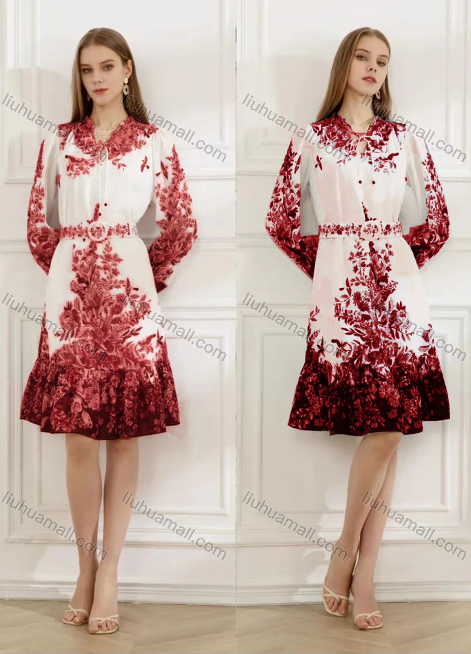 Wholesale Women's Elegant Floral Ruffle Hem Tie Neck Long Sleeve Knee Length Dress With Belt - Liuhuamall
