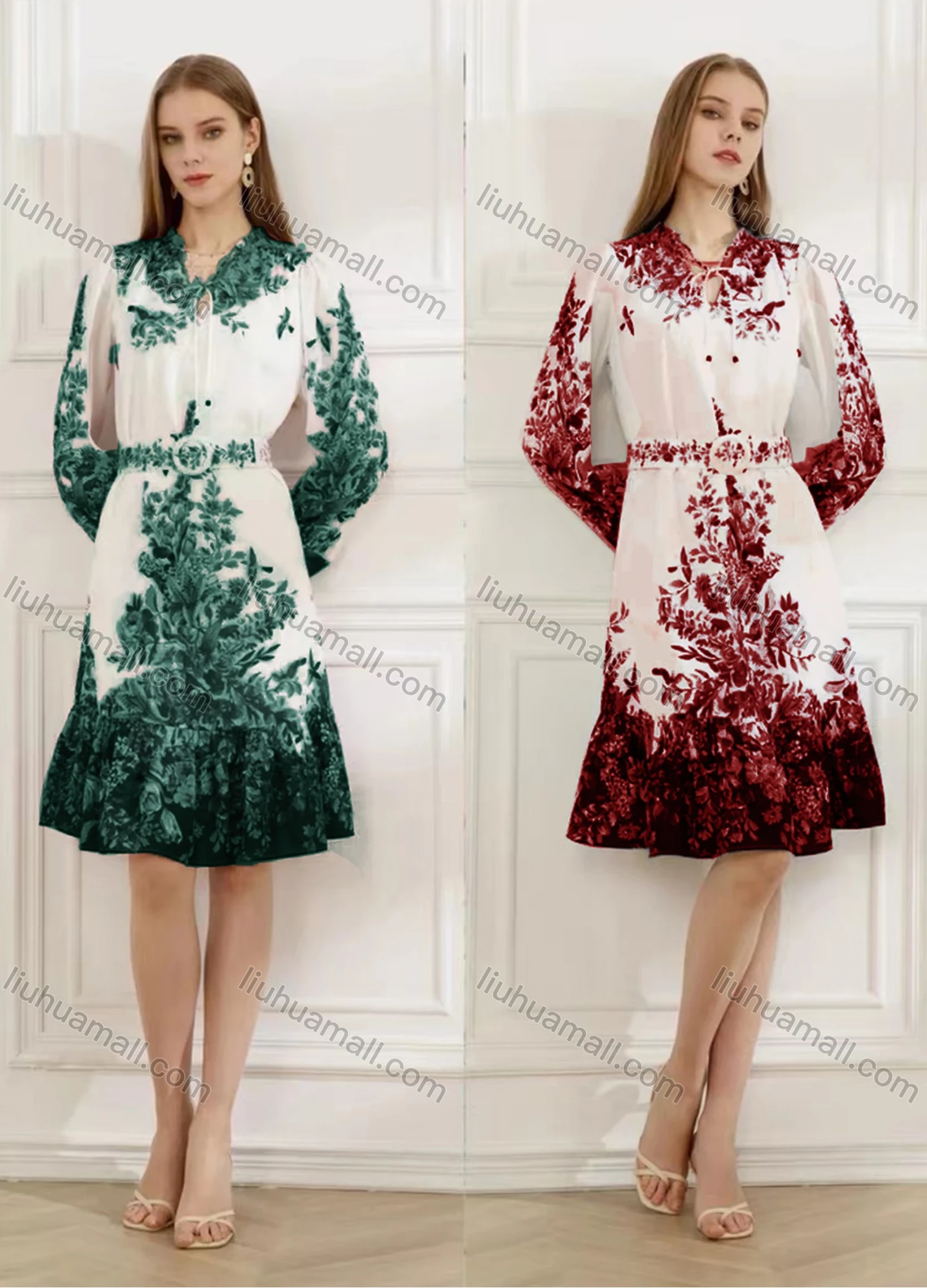 Wholesale Women's Elegant Floral Ruffle Hem Tie Neck Long Sleeve Knee Length Dress With Belt - Liuhuamall