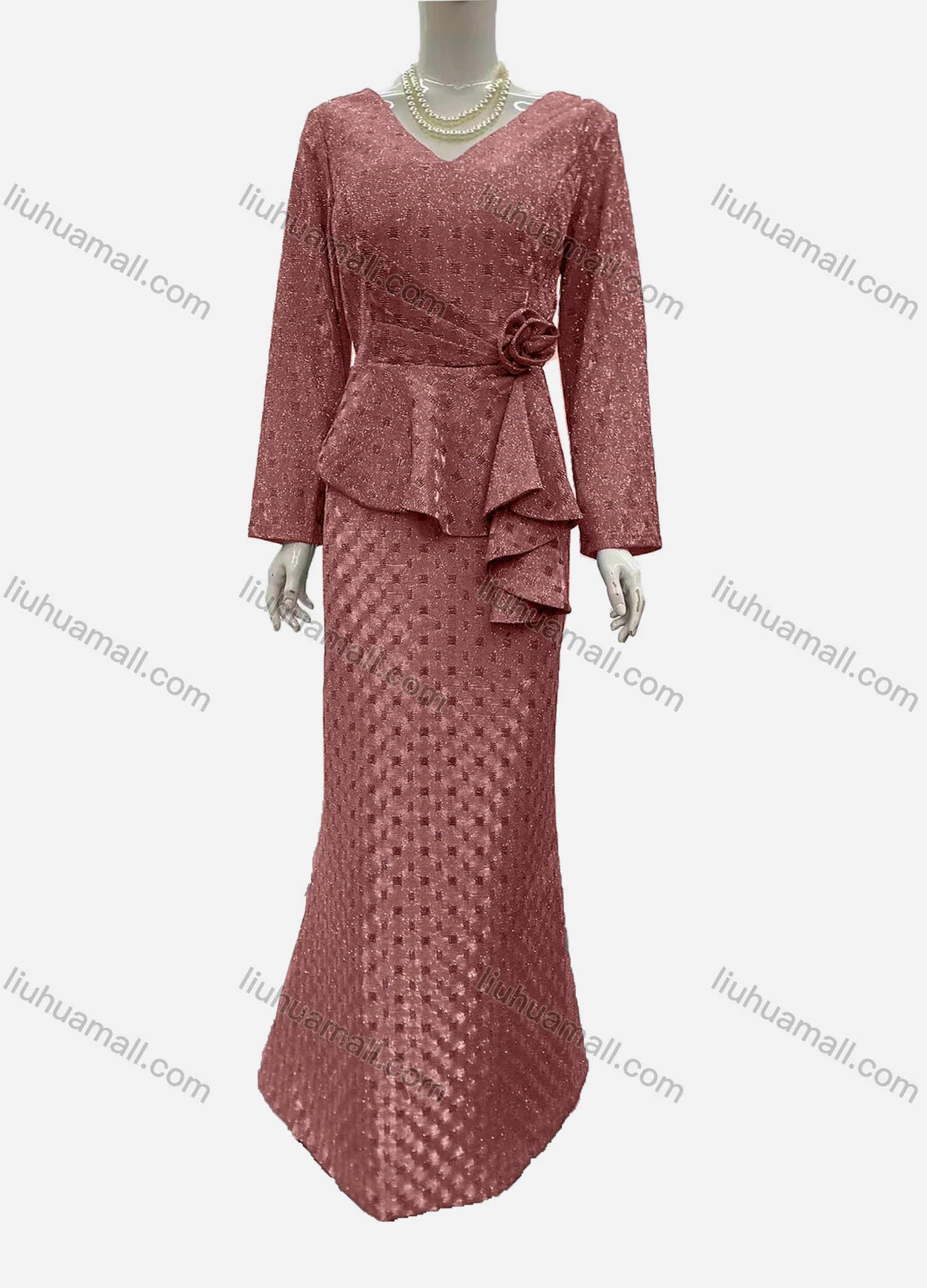 Wholesale Women's Elegant Long Sleeve V Neck Asymmetrical Hem Rose Decor Evening Dress - Liuhuamall