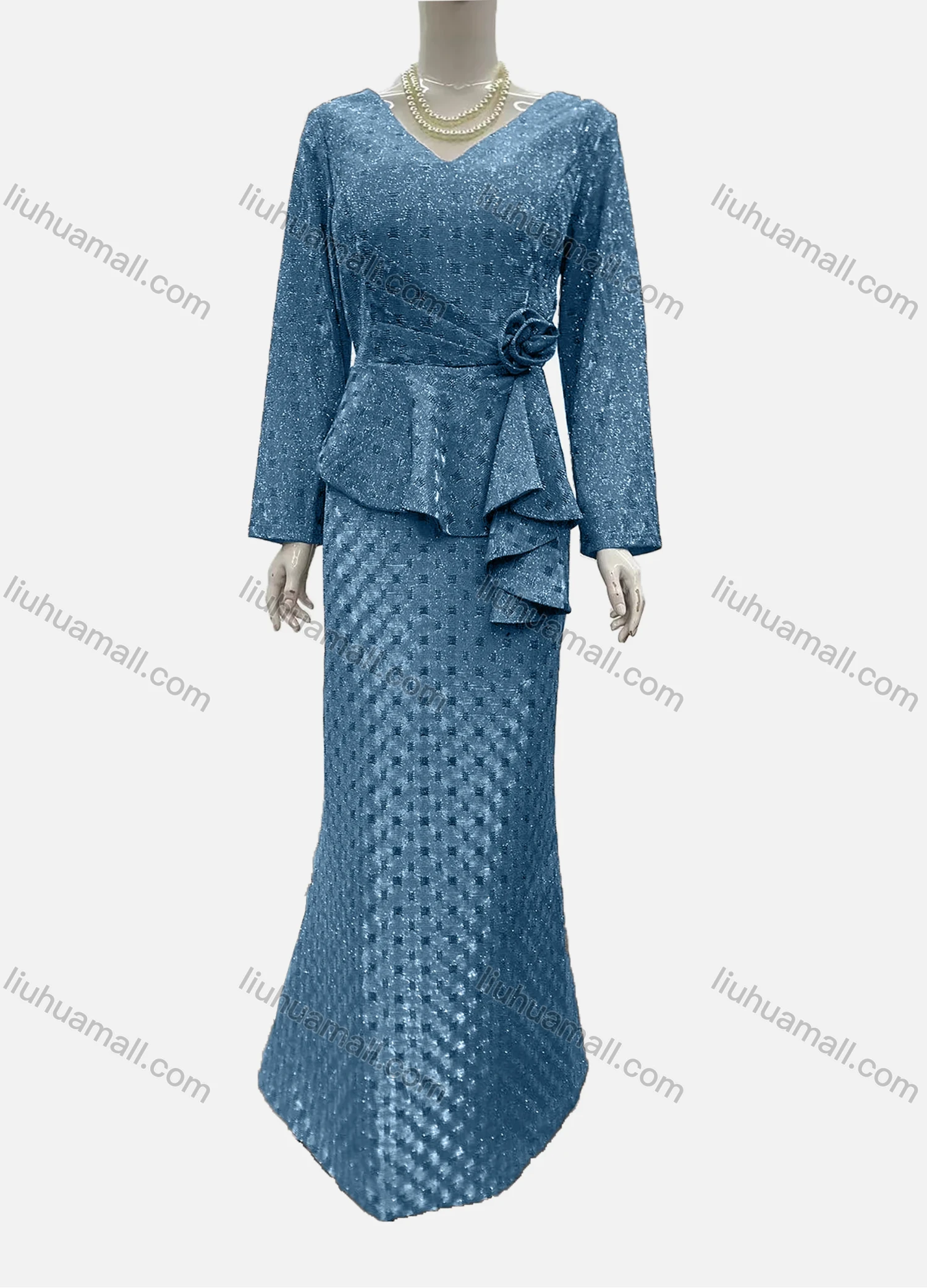 Wholesale Women's Elegant Long Sleeve V Neck Asymmetrical Hem Rose Decor Evening Dress - Liuhuamall