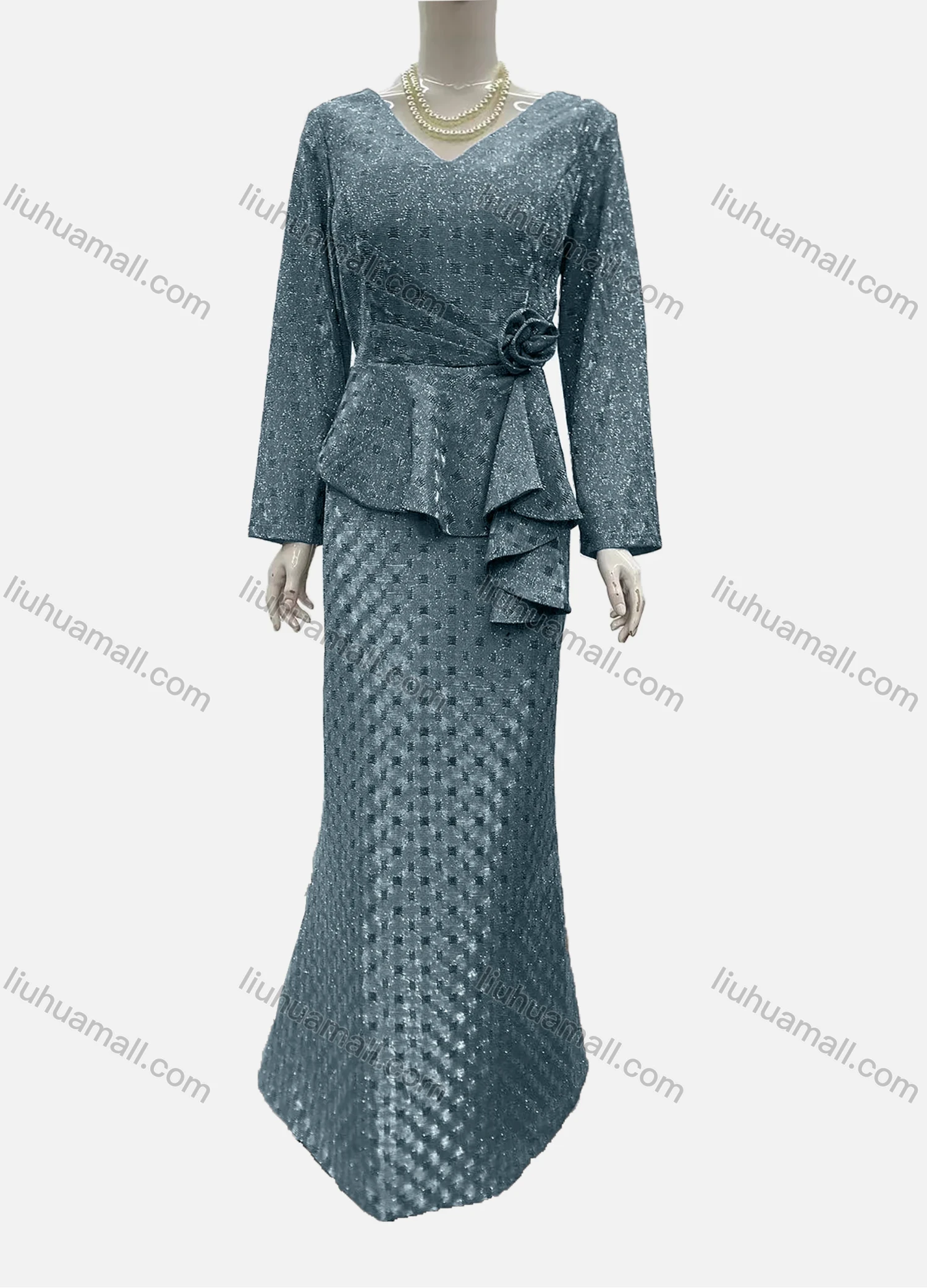 Wholesale Women's Elegant Long Sleeve V Neck Asymmetrical Hem Rose Decor Evening Dress - Liuhuamall