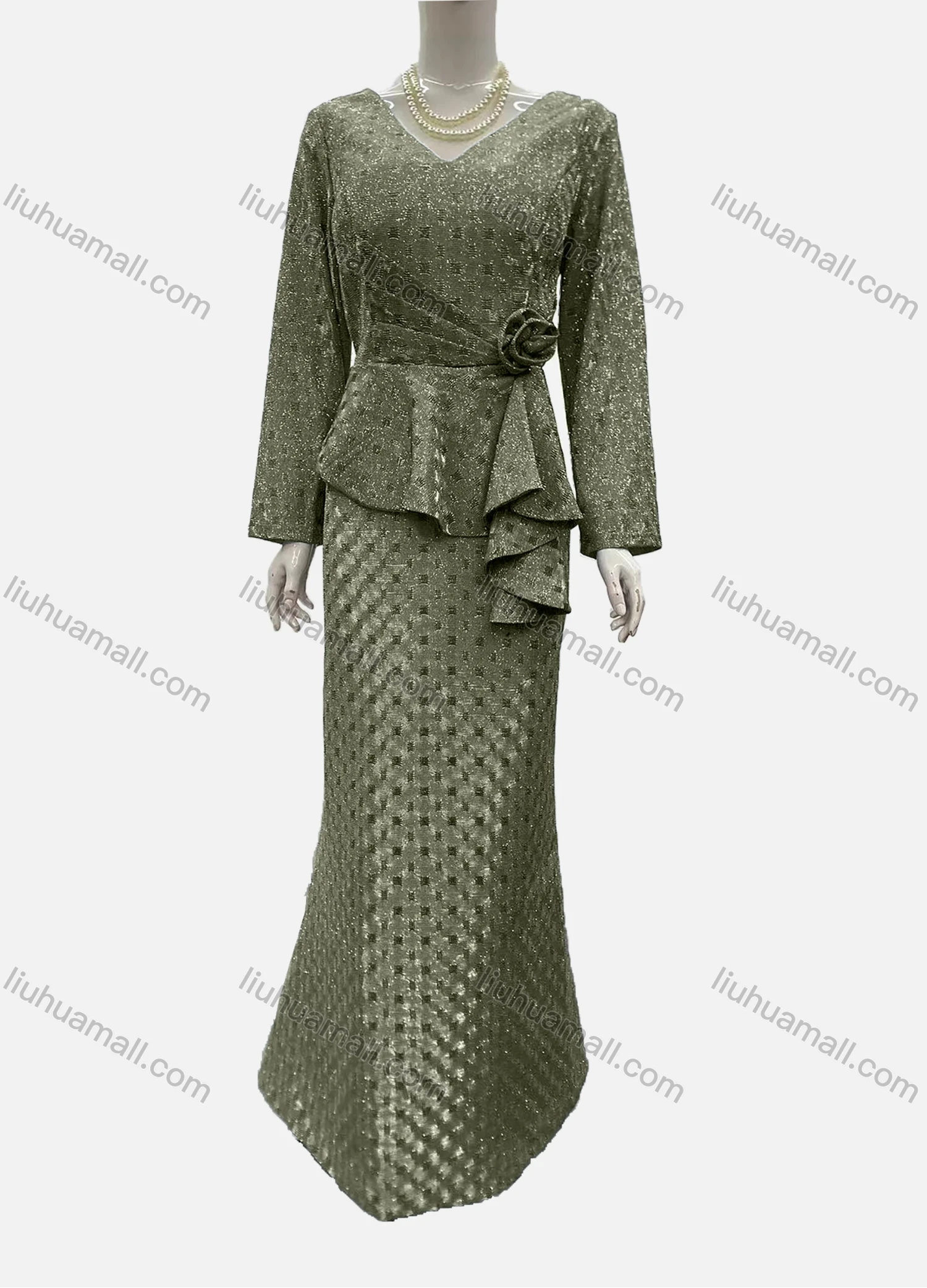 Wholesale Women's Elegant Long Sleeve V Neck Asymmetrical Hem Rose Decor Evening Dress - Liuhuamall