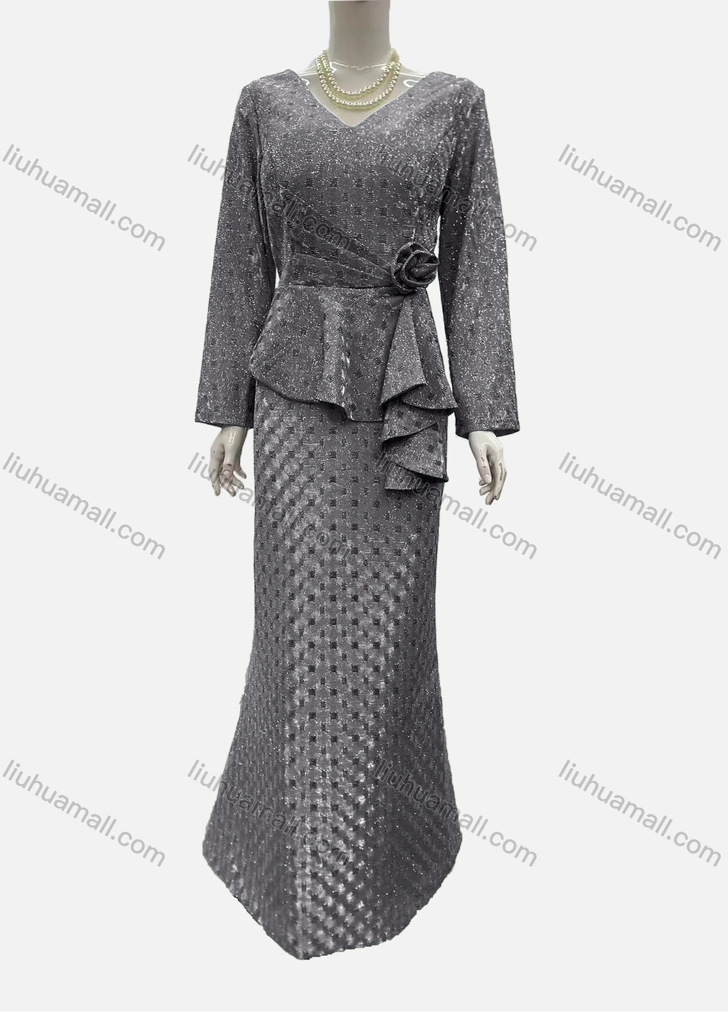 Wholesale Women's Elegant Long Sleeve V Neck Asymmetrical Hem Rose Decor Evening Dress - Liuhuamall