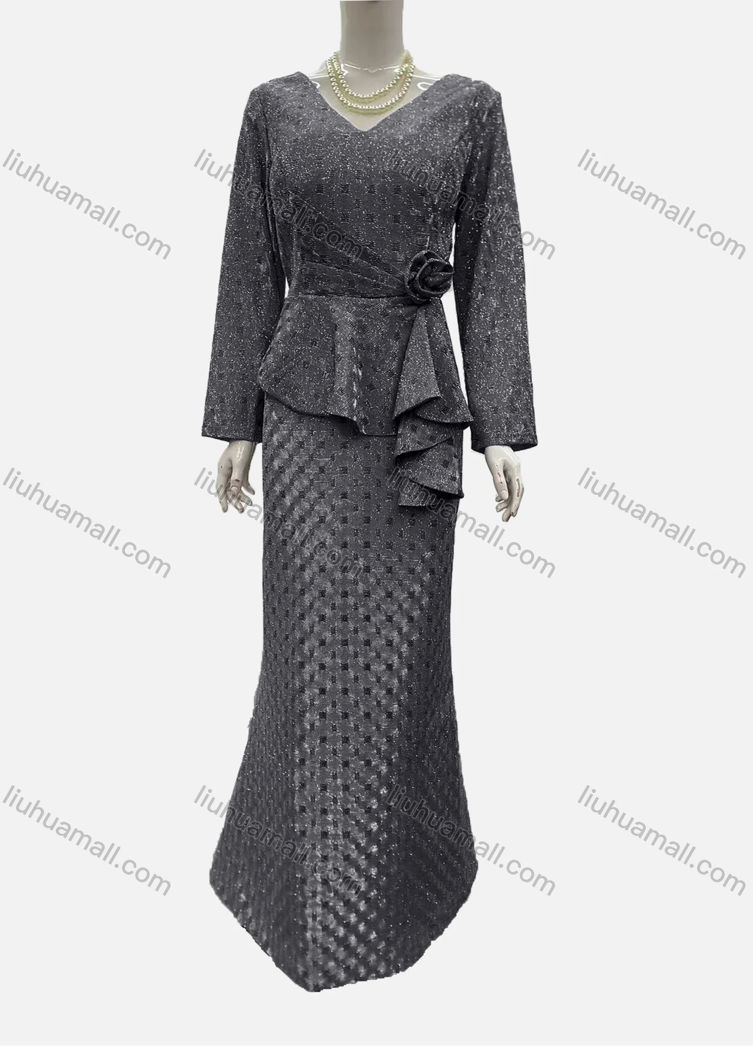 Wholesale Women's Elegant Long Sleeve V Neck Asymmetrical Hem Rose Decor Evening Dress - Liuhuamall