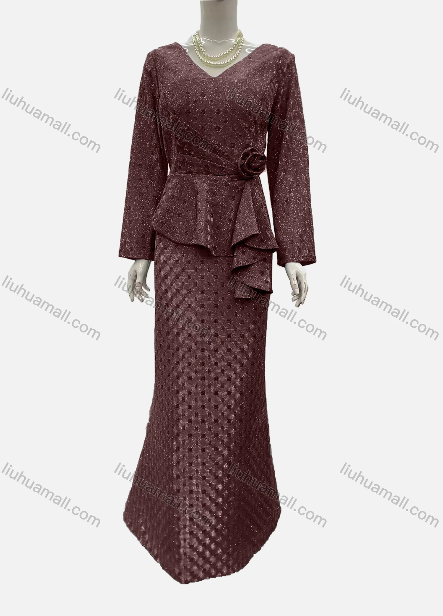 Wholesale Women's Elegant Long Sleeve V Neck Asymmetrical Hem Rose Decor Evening Dress - Liuhuamall