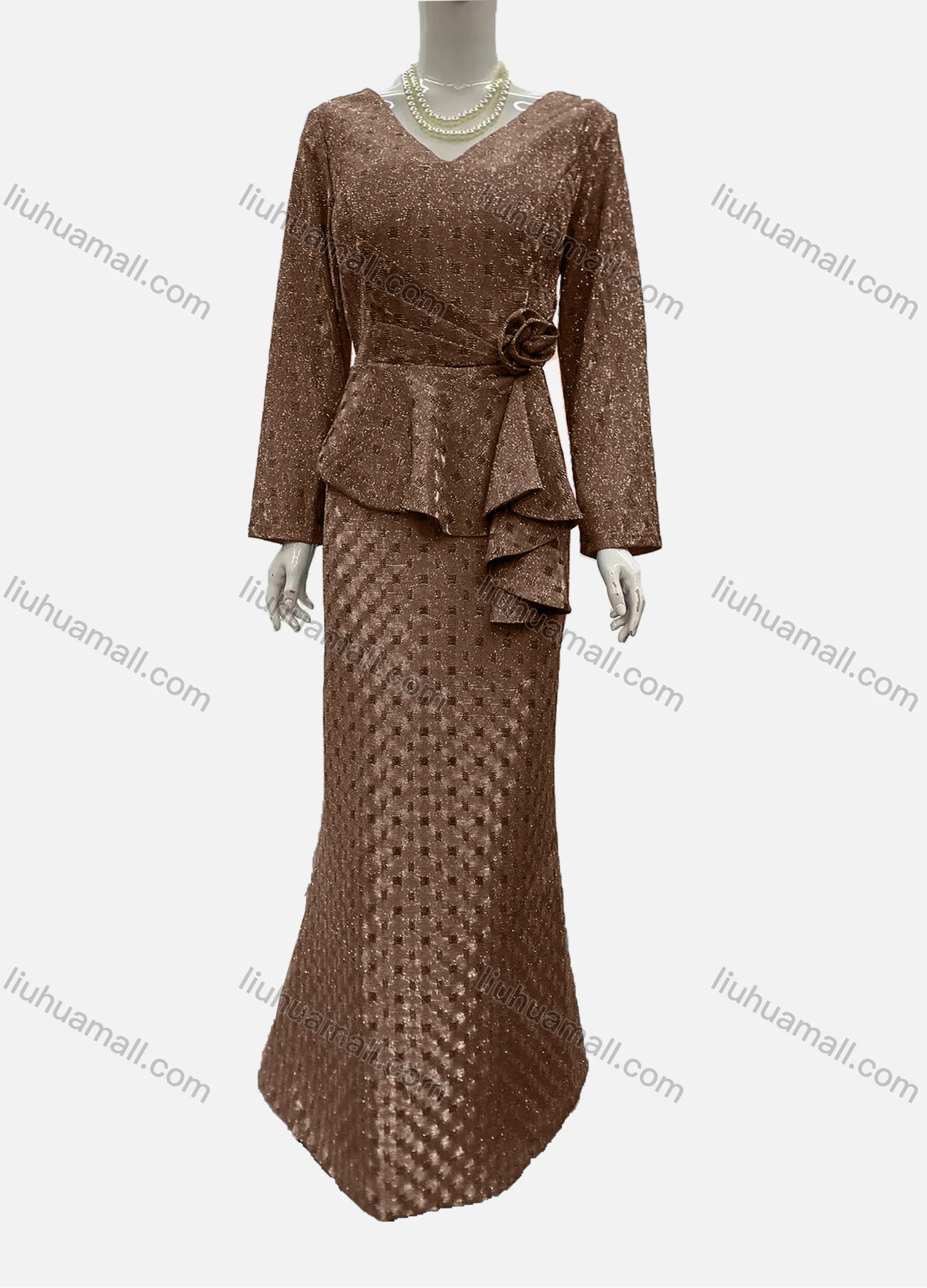Wholesale Women's Elegant Long Sleeve V Neck Asymmetrical Hem Rose Decor Evening Dress - Liuhuamall