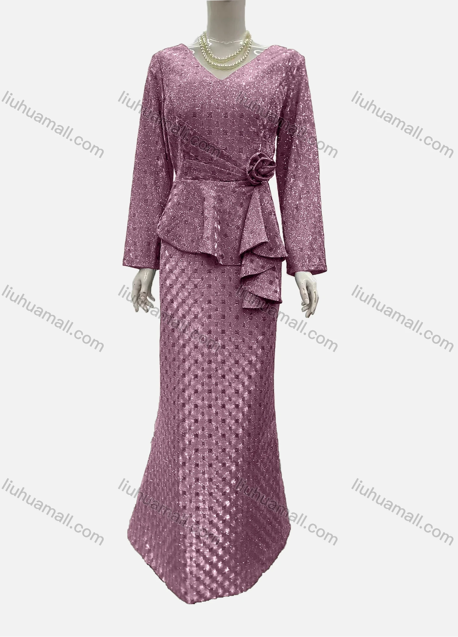 Wholesale Women's Elegant Long Sleeve V Neck Asymmetrical Hem Rose Decor Evening Dress - Liuhuamall