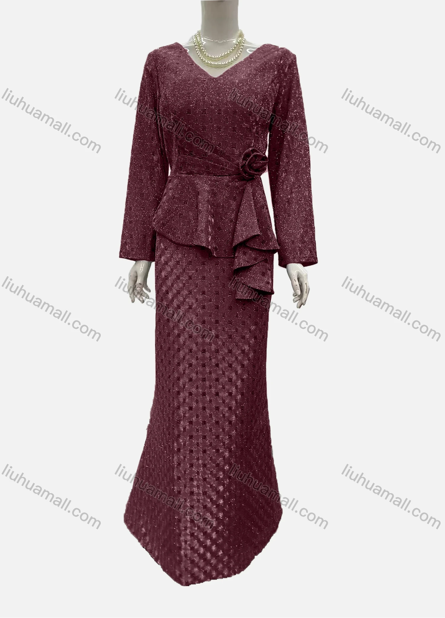 Wholesale Women's Elegant Long Sleeve V Neck Asymmetrical Hem Rose Decor Evening Dress - Liuhuamall