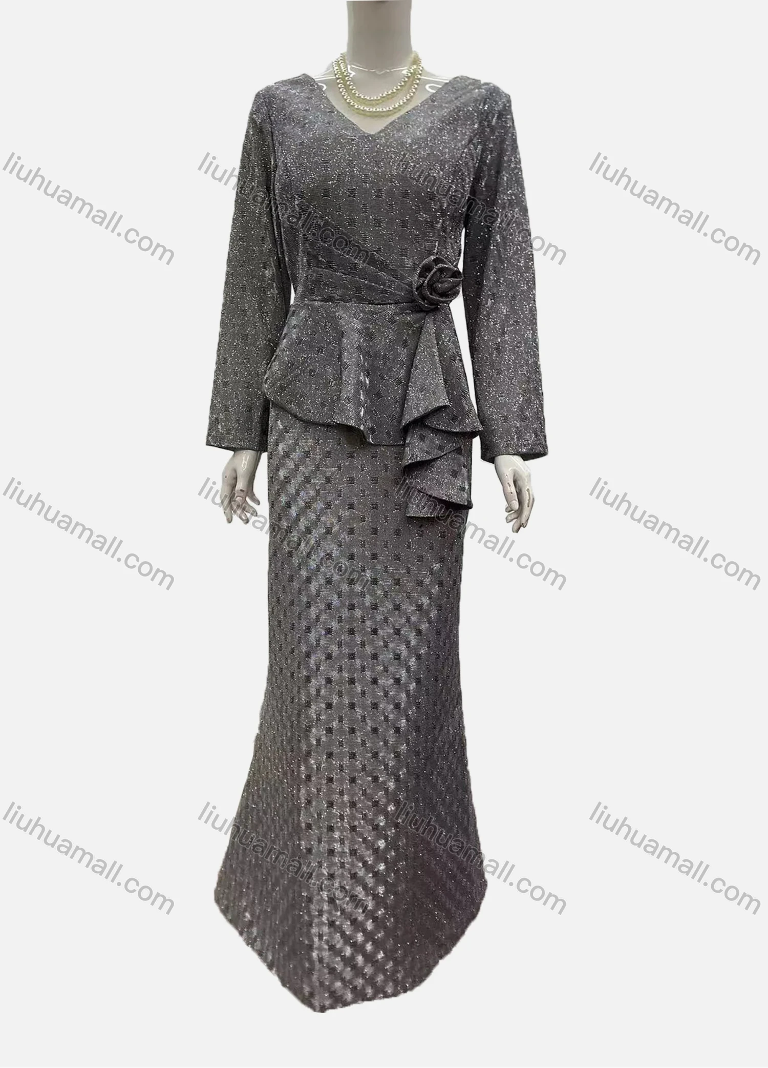 Wholesale Women's Elegant Long Sleeve V Neck Asymmetrical Hem Rose Decor Evening Dress - Liuhuamall