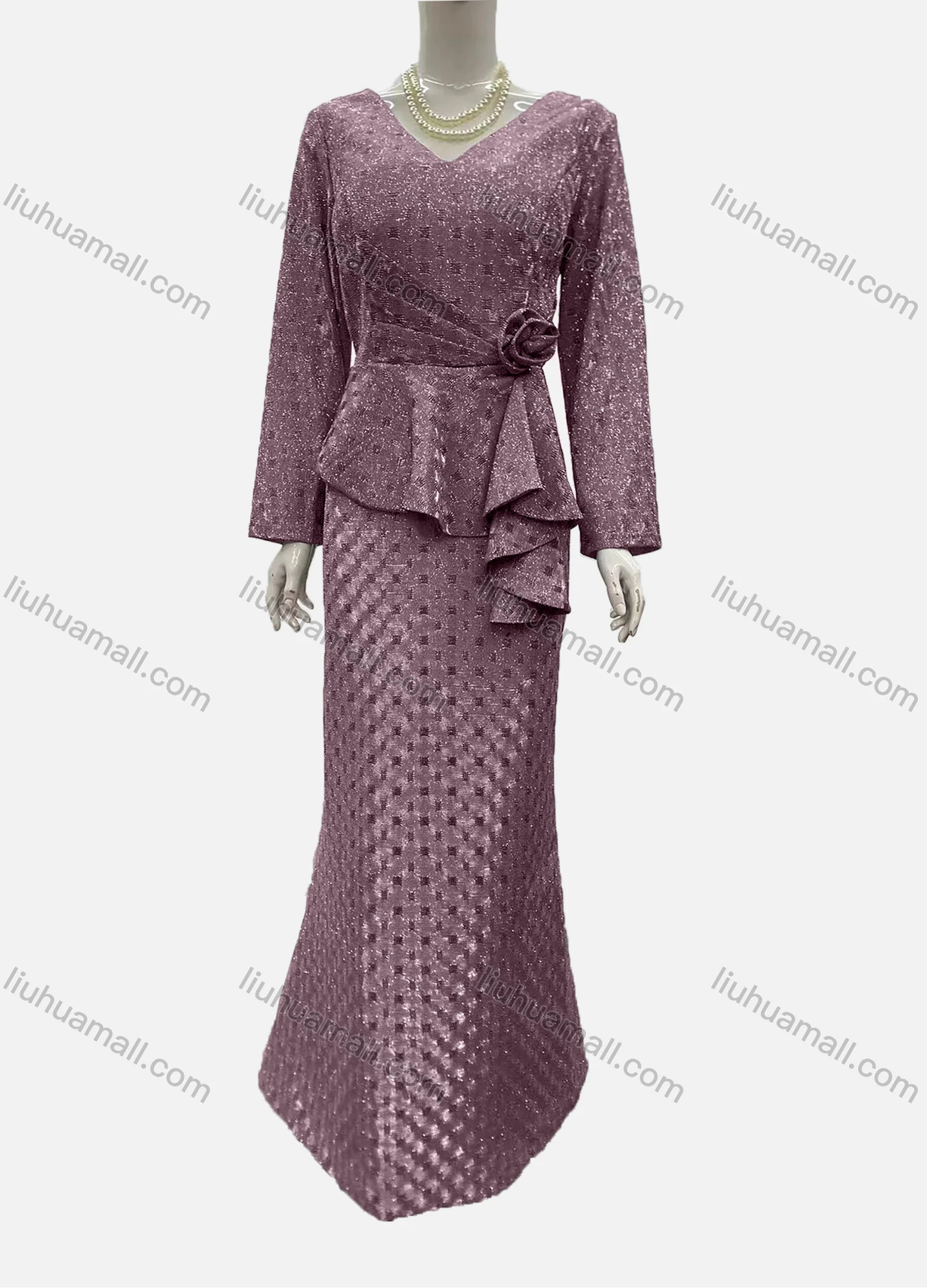 Wholesale Women's Elegant Long Sleeve V Neck Asymmetrical Hem Rose Decor Evening Dress - Liuhuamall