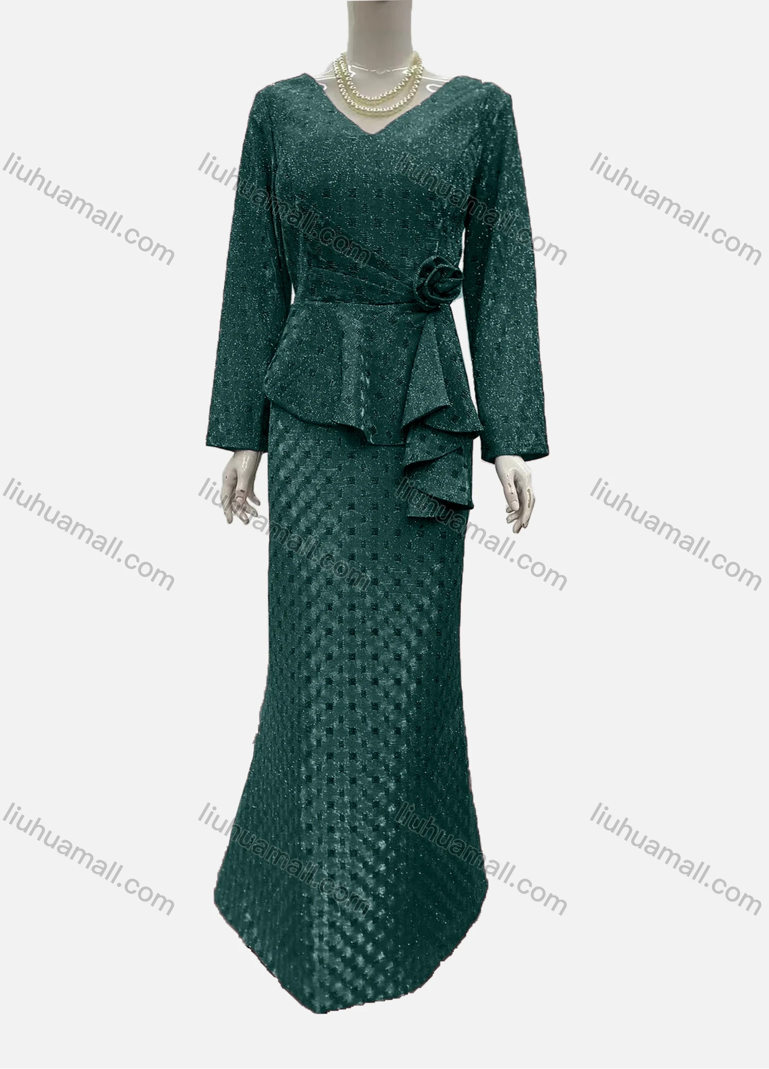 Wholesale Women's Elegant Long Sleeve V Neck Asymmetrical Hem Rose Decor Evening Dress - Liuhuamall