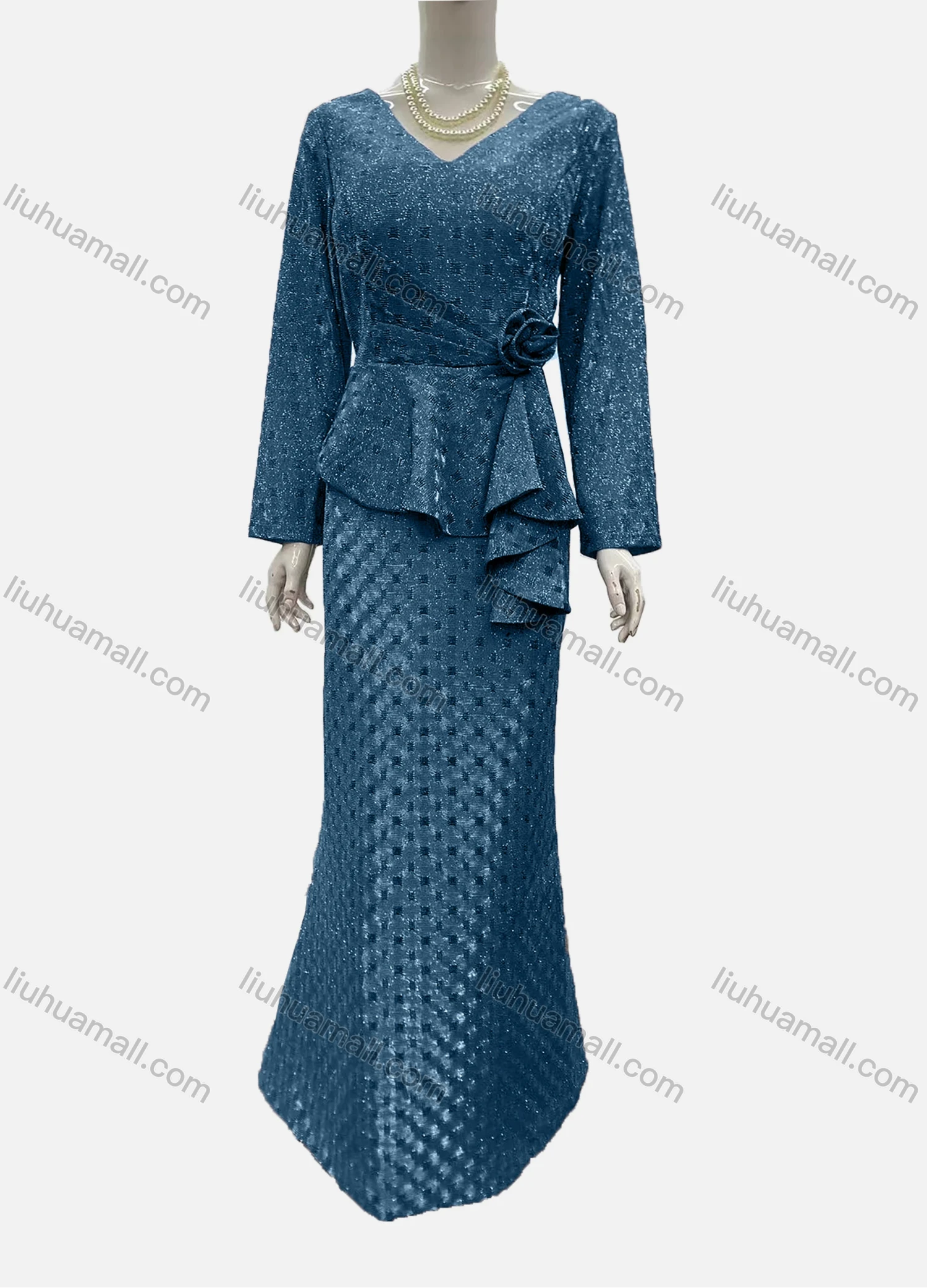 Wholesale Women's Elegant Long Sleeve V Neck Asymmetrical Hem Rose Decor Evening Dress - Liuhuamall