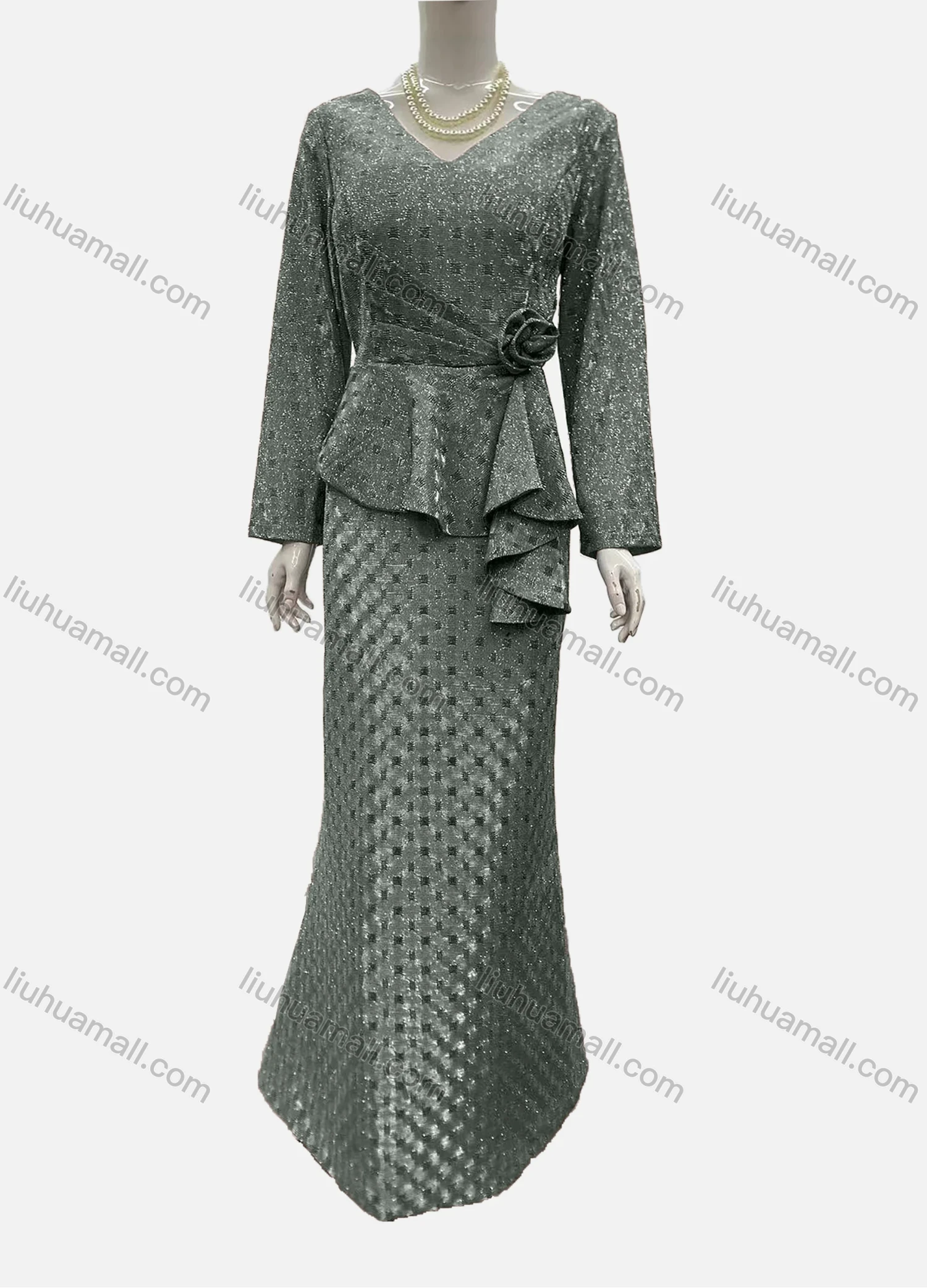 Wholesale Women's Elegant Long Sleeve V Neck Asymmetrical Hem Rose Decor Evening Dress - Liuhuamall