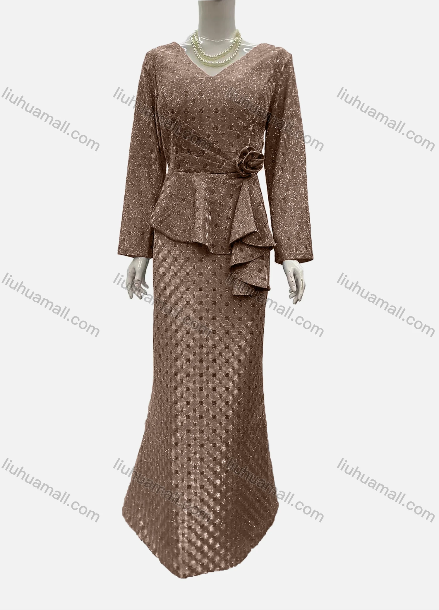 Wholesale Women's Elegant Long Sleeve V Neck Asymmetrical Hem Rose Decor Evening Dress - Liuhuamall