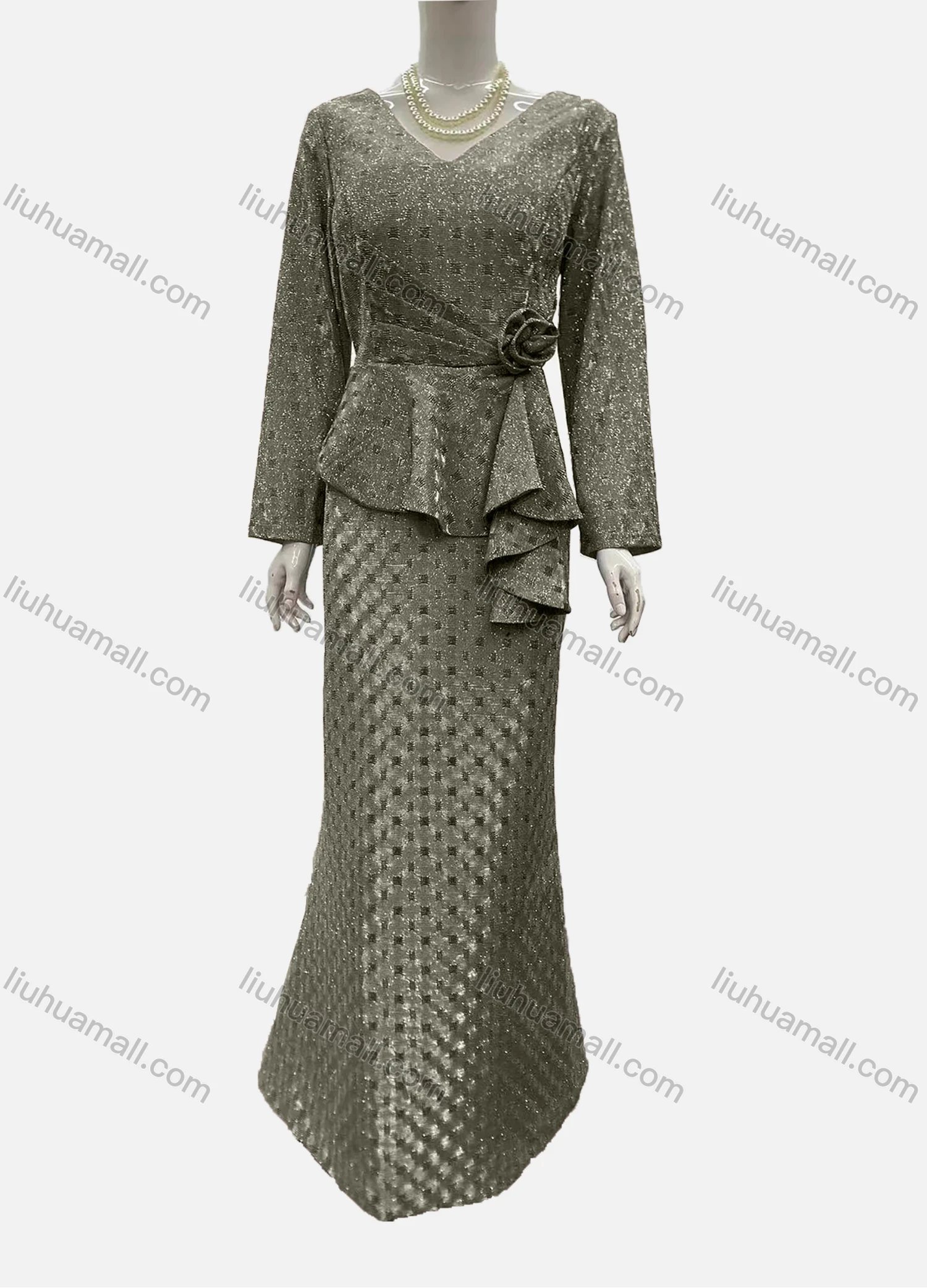 Wholesale Women's Elegant Long Sleeve V Neck Asymmetrical Hem Rose Decor Evening Dress - Liuhuamall
