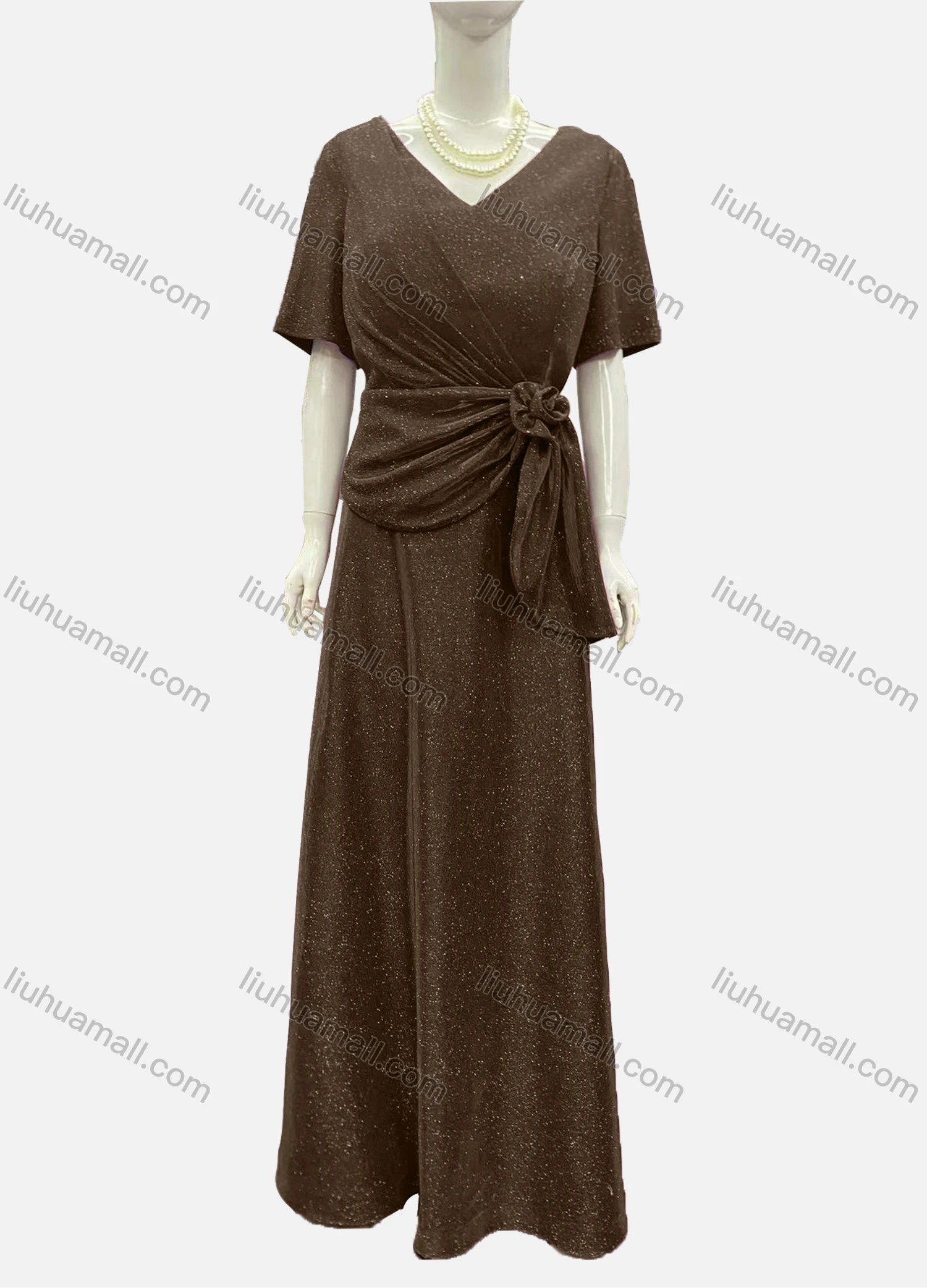 Wholesale Women's Elegant Half Sleeve V Neck Twist Rose Decor Evening Dress - Liuhuamall