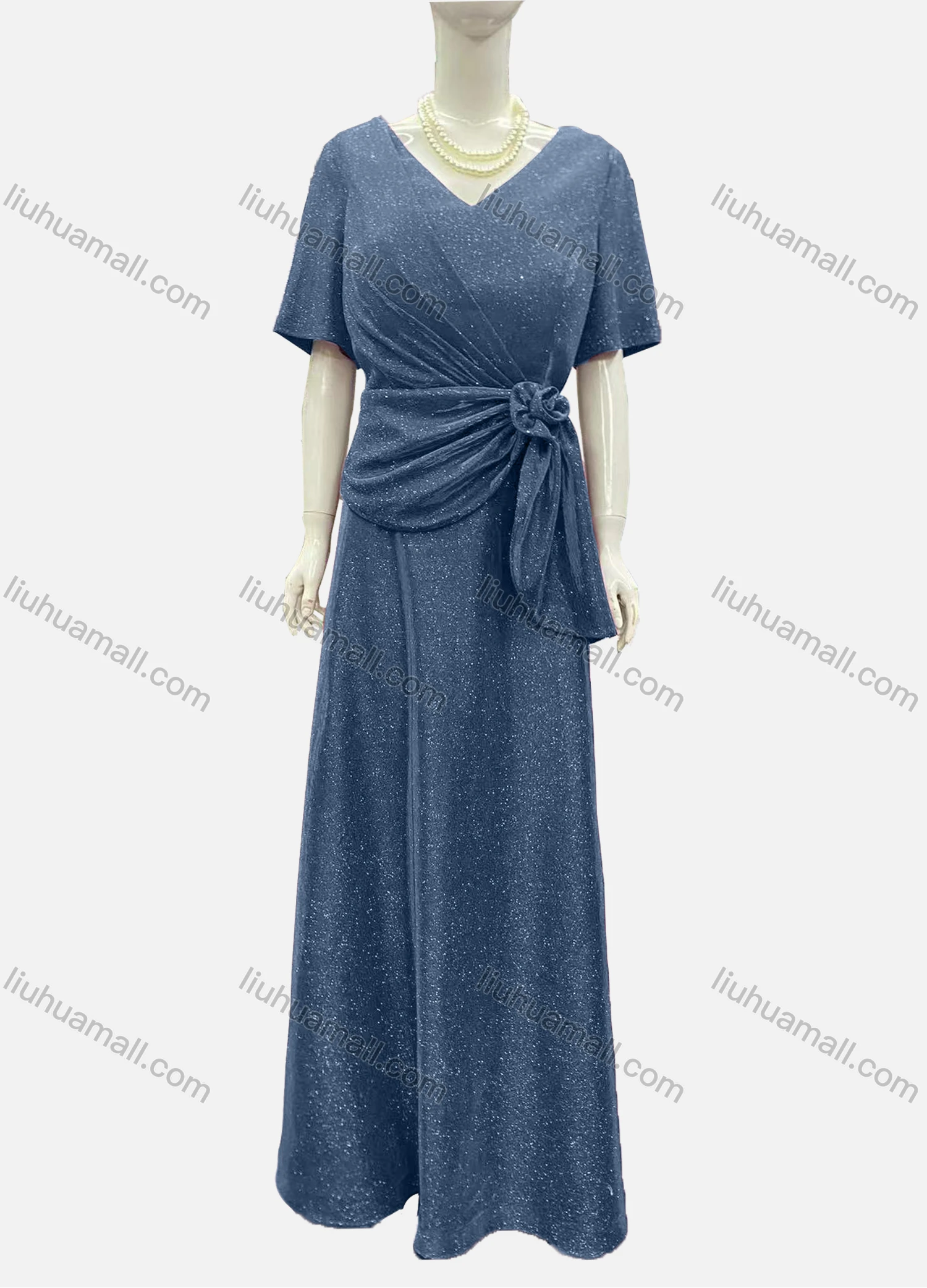 Wholesale Women's Elegant Half Sleeve V Neck Twist Rose Decor Evening Dress - Liuhuamall
