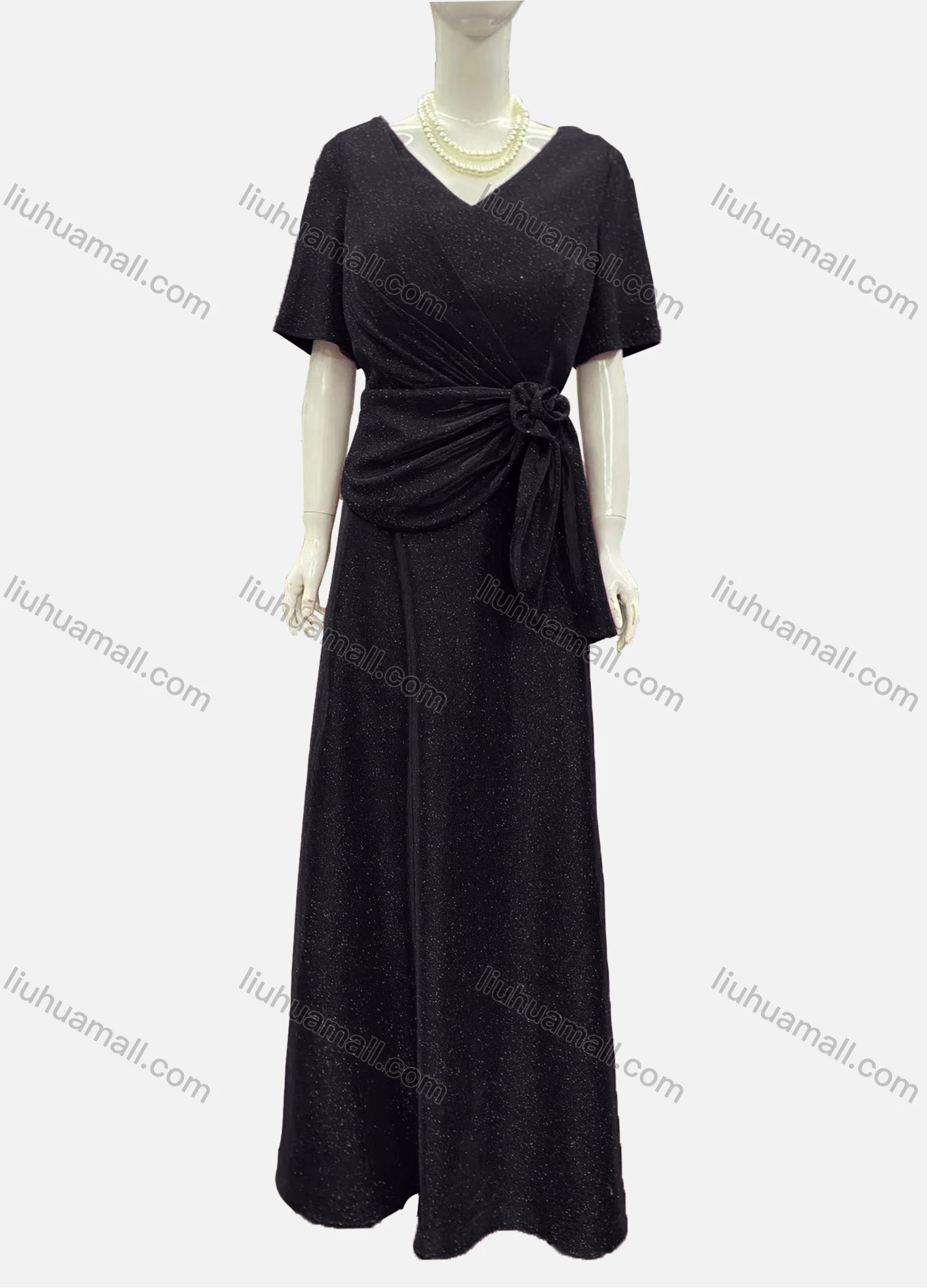 Wholesale Women's Elegant Half Sleeve V Neck Twist Rose Decor Evening Dress - Liuhuamall