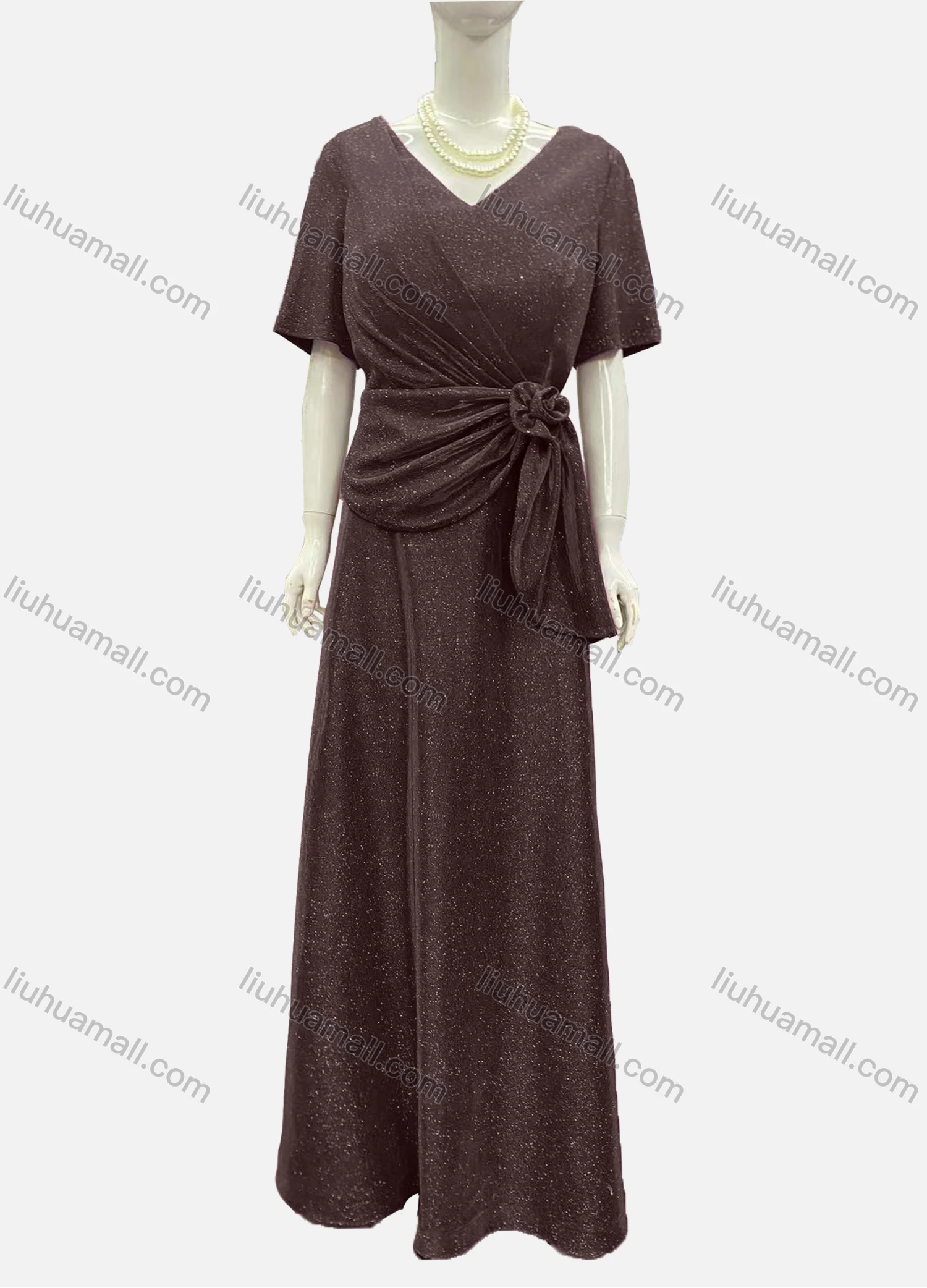 Wholesale Women's Elegant Half Sleeve V Neck Twist Rose Decor Evening Dress - Liuhuamall