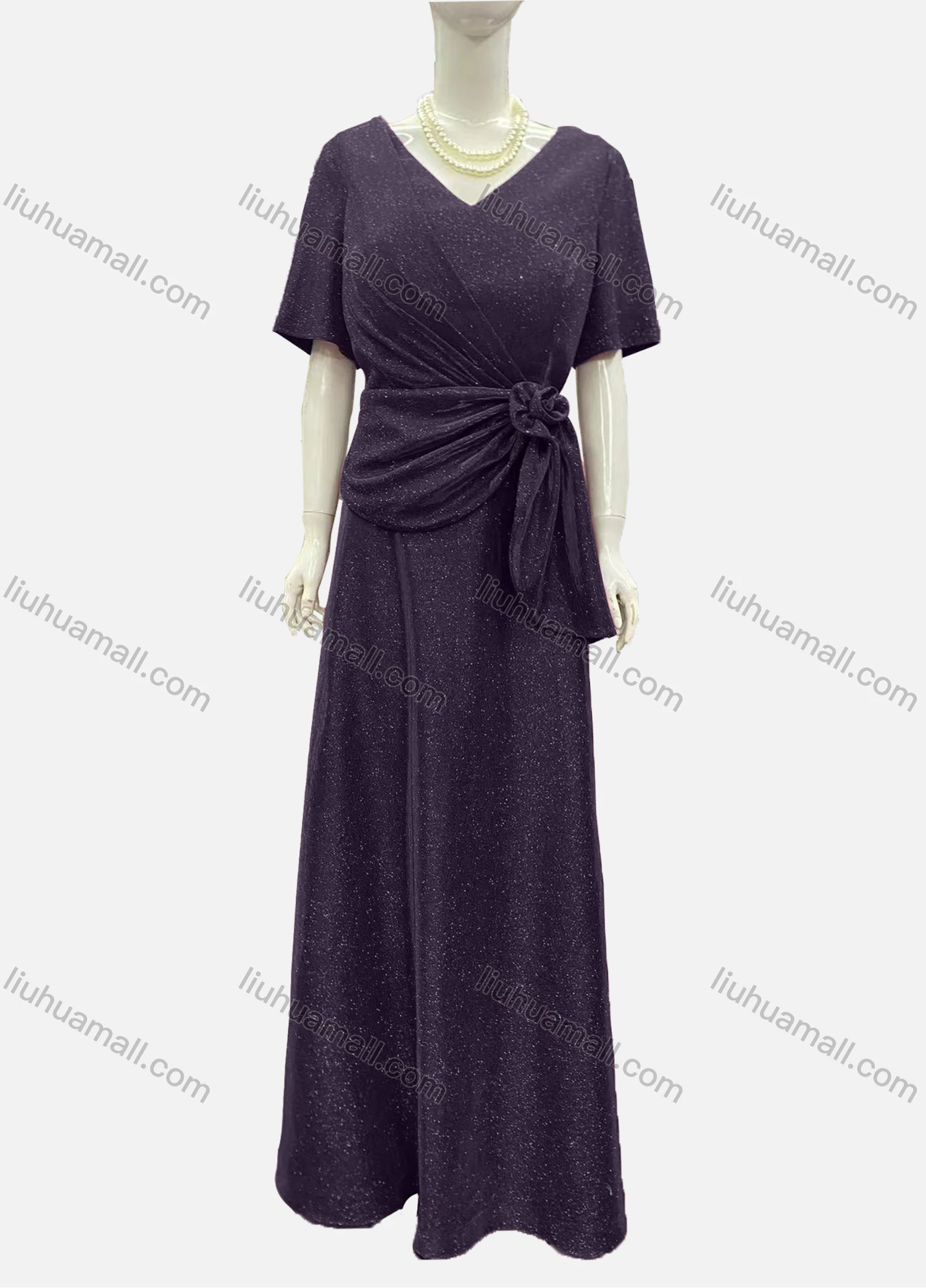 Wholesale Women's Elegant Half Sleeve V Neck Twist Rose Decor Evening Dress - Liuhuamall