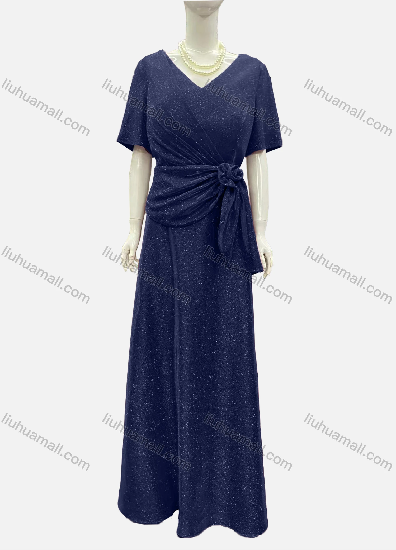 Wholesale Women's Elegant Half Sleeve V Neck Twist Rose Decor Evening Dress - Liuhuamall