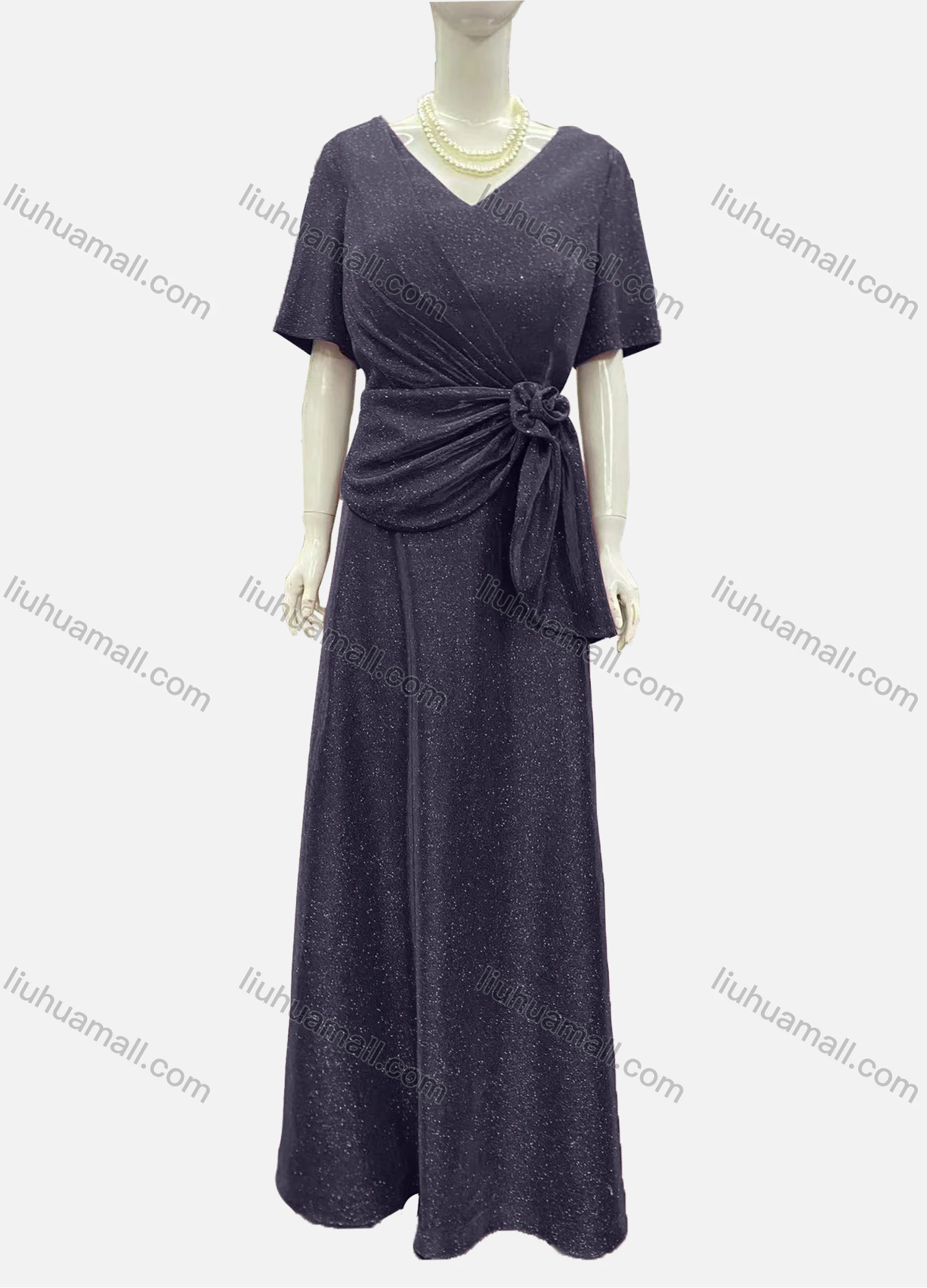 Wholesale Women's Elegant Half Sleeve V Neck Twist Rose Decor Evening Dress - Liuhuamall