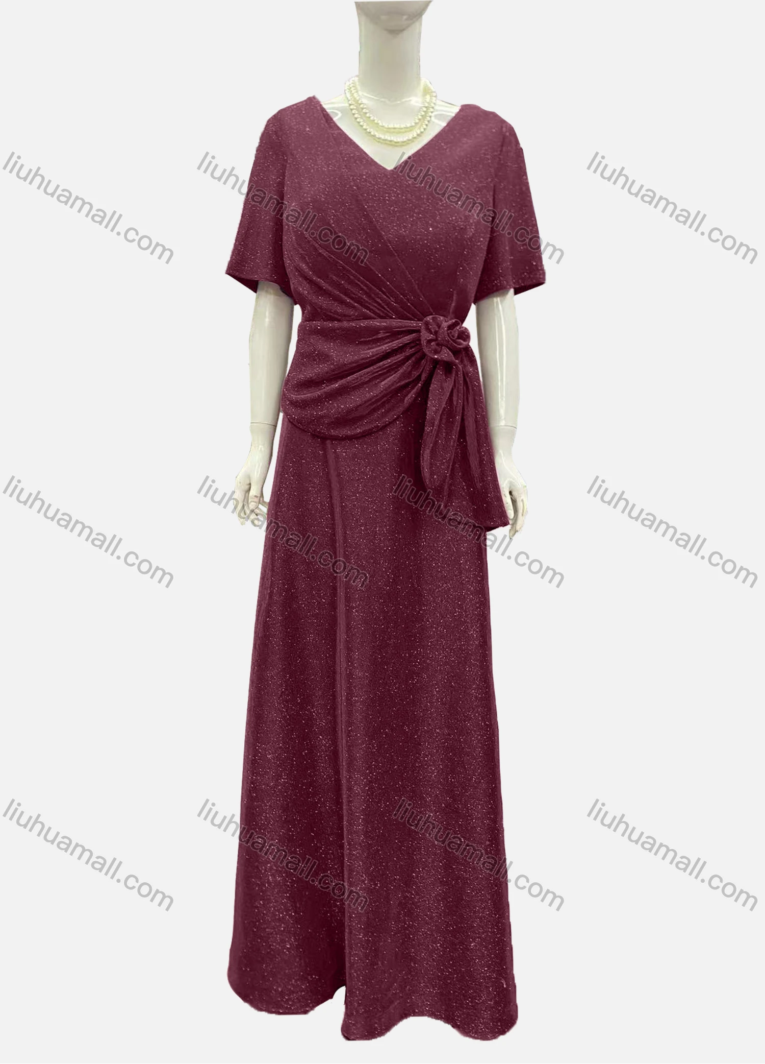 Wholesale Women's Elegant Half Sleeve V Neck Twist Rose Decor Evening Dress - Liuhuamall