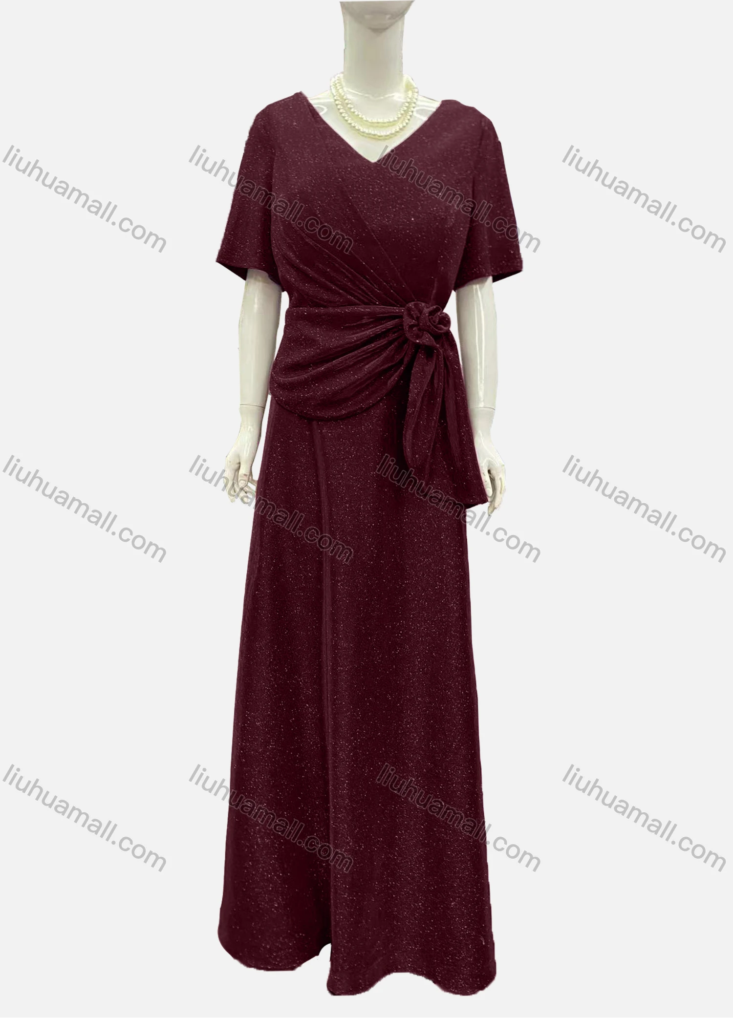 Wholesale Women's Elegant Half Sleeve V Neck Twist Rose Decor Evening Dress - Liuhuamall