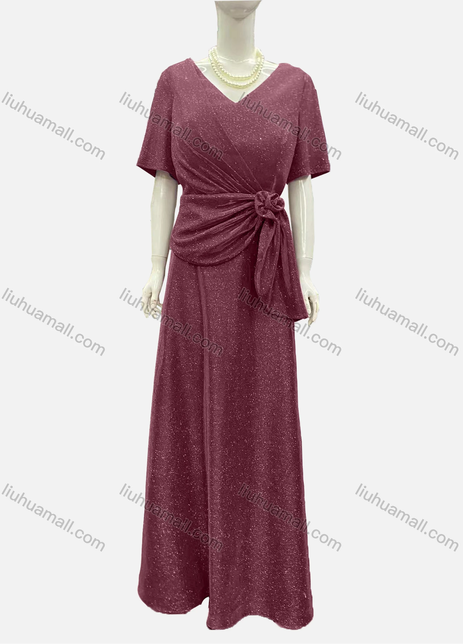 Wholesale Women's Elegant Half Sleeve V Neck Twist Rose Decor Evening Dress - Liuhuamall