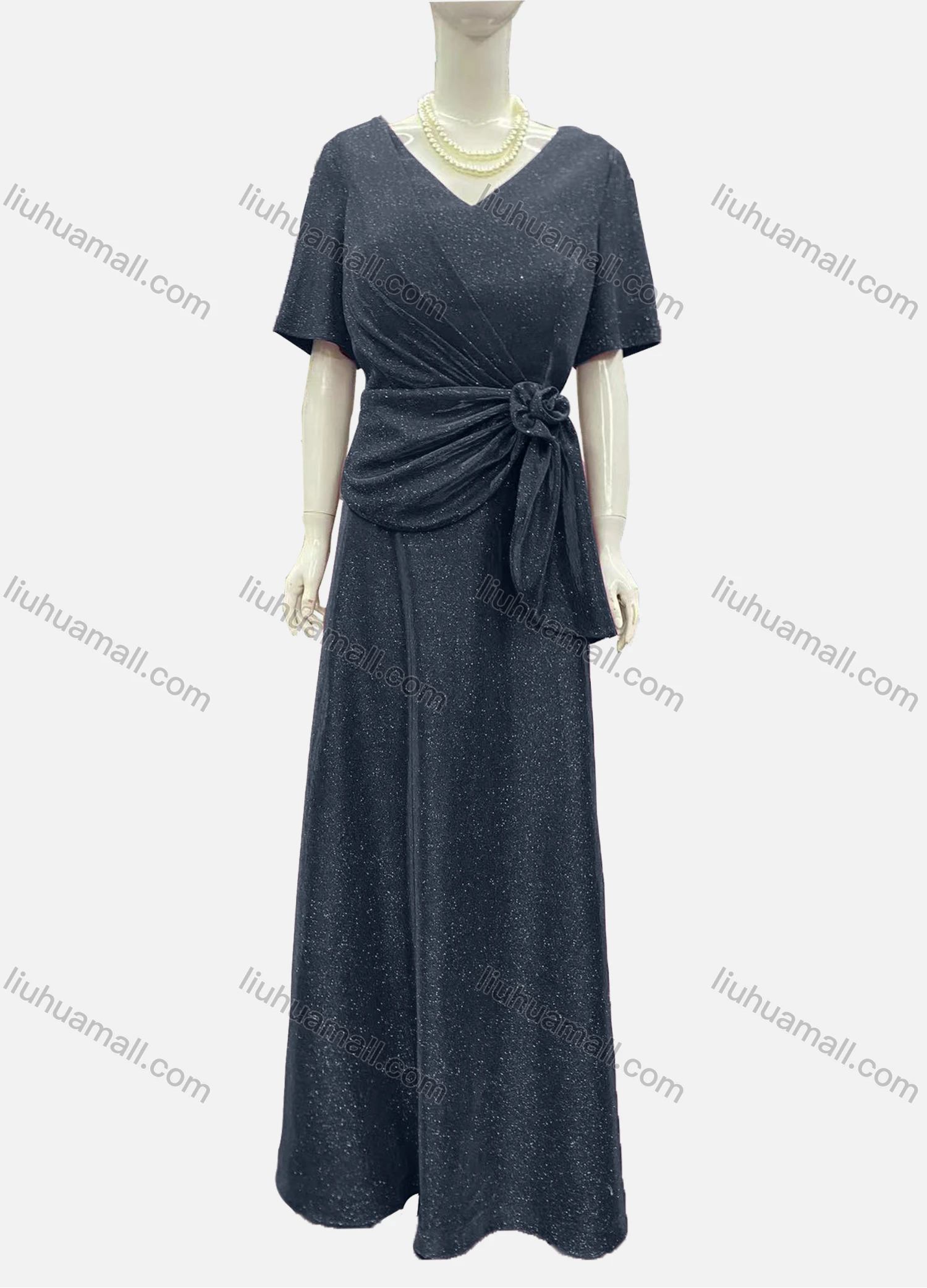 Wholesale Women's Elegant Half Sleeve V Neck Twist Rose Decor Evening Dress - Liuhuamall