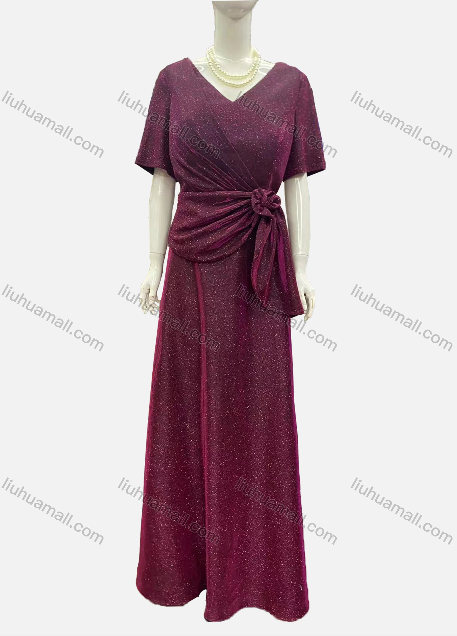 Wholesale Women's Elegant Half Sleeve V Neck Twist Rose Decor Evening Dress - Liuhuamall