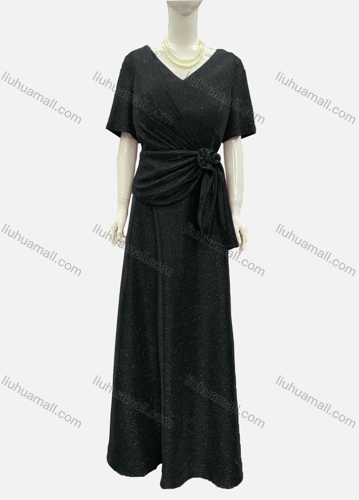 Wholesale Women's Elegant Half Sleeve V Neck Twist Rose Decor Evening Dress - Liuhuamall