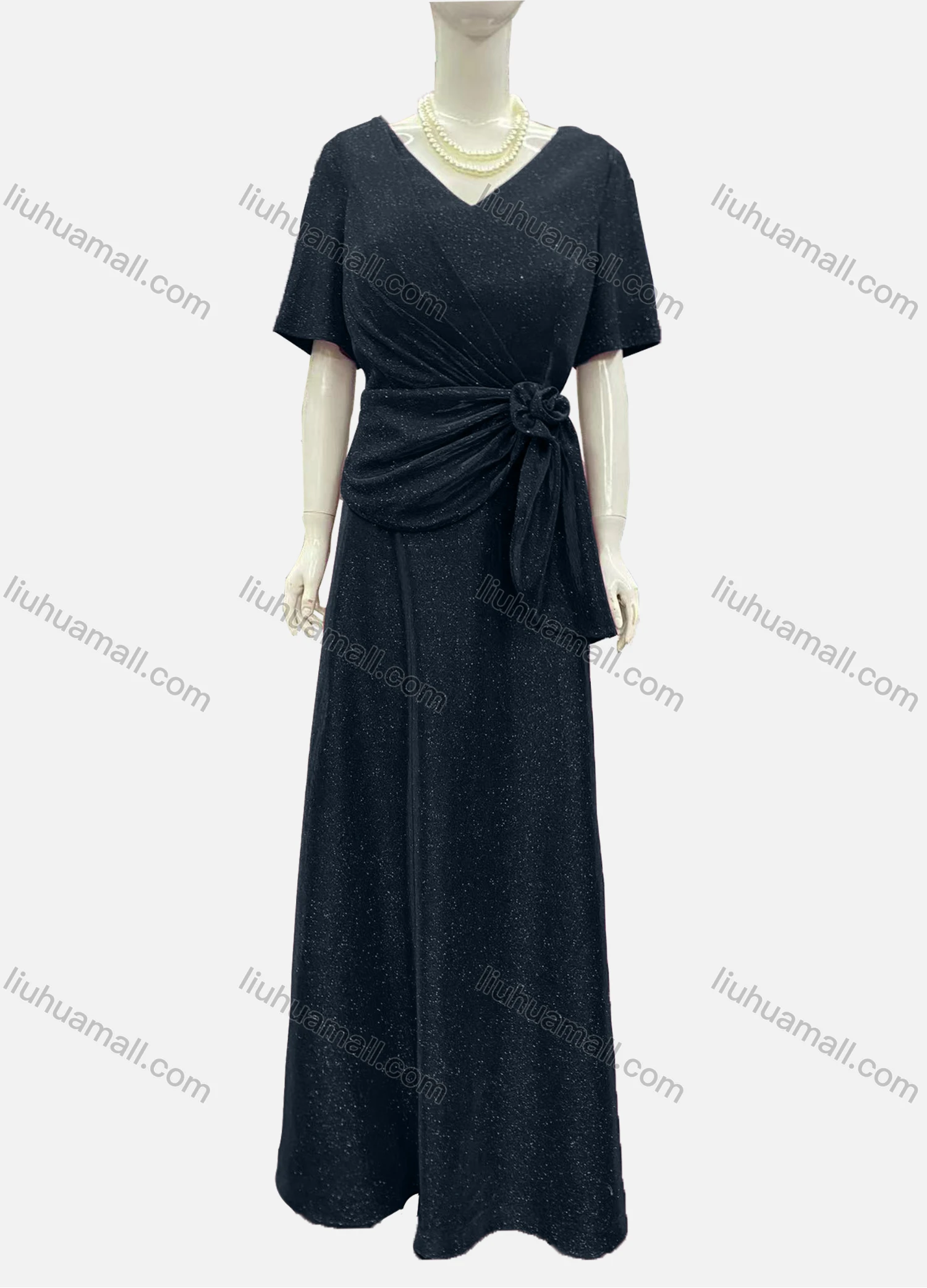 Wholesale Women's Elegant Half Sleeve V Neck Twist Rose Decor Evening Dress - Liuhuamall