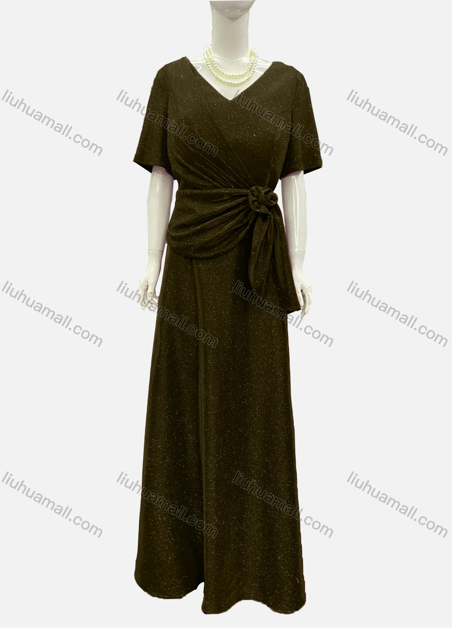 Wholesale Women's Elegant Half Sleeve V Neck Twist Rose Decor Evening Dress - Liuhuamall