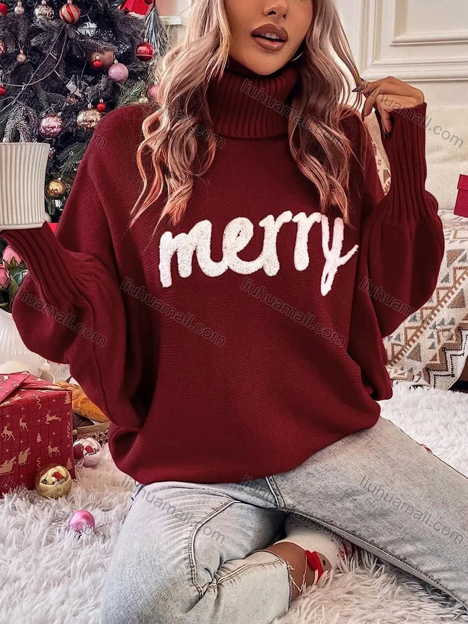 Wholesale Women's Casual High Neck Long Sleeve Loose Fit Batwing Sleeve Rib Knit Sweater - Liuhuamall