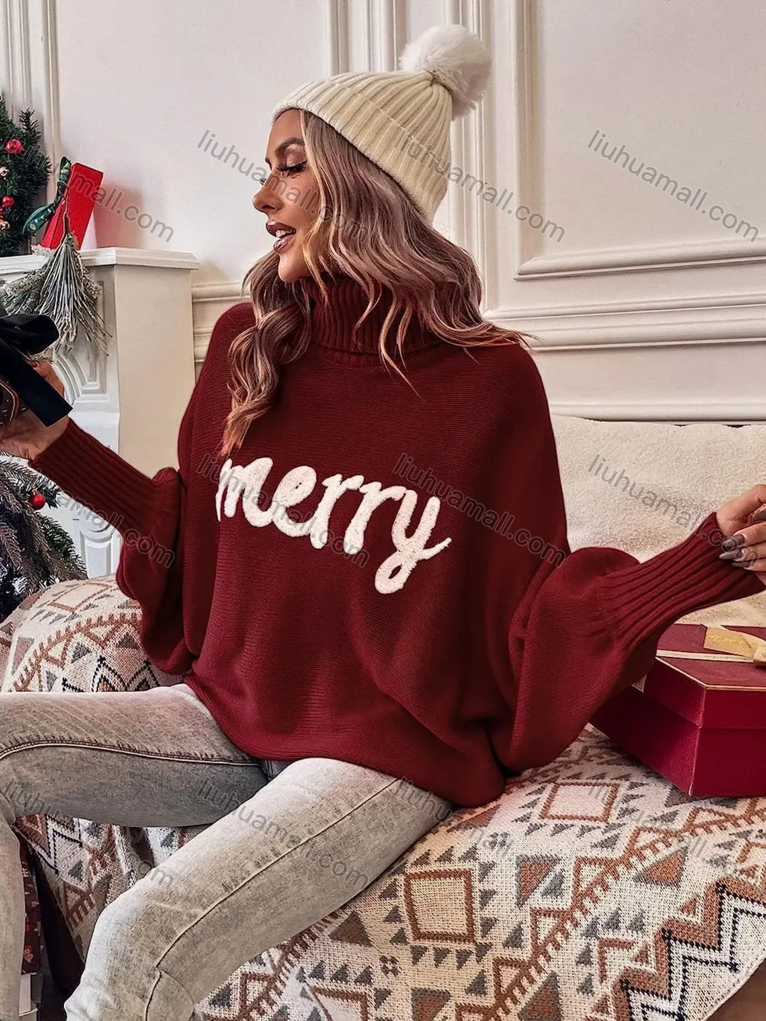 Wholesale Women's Casual High Neck Long Sleeve Loose Fit Batwing Sleeve Rib Knit Sweater - Liuhuamall