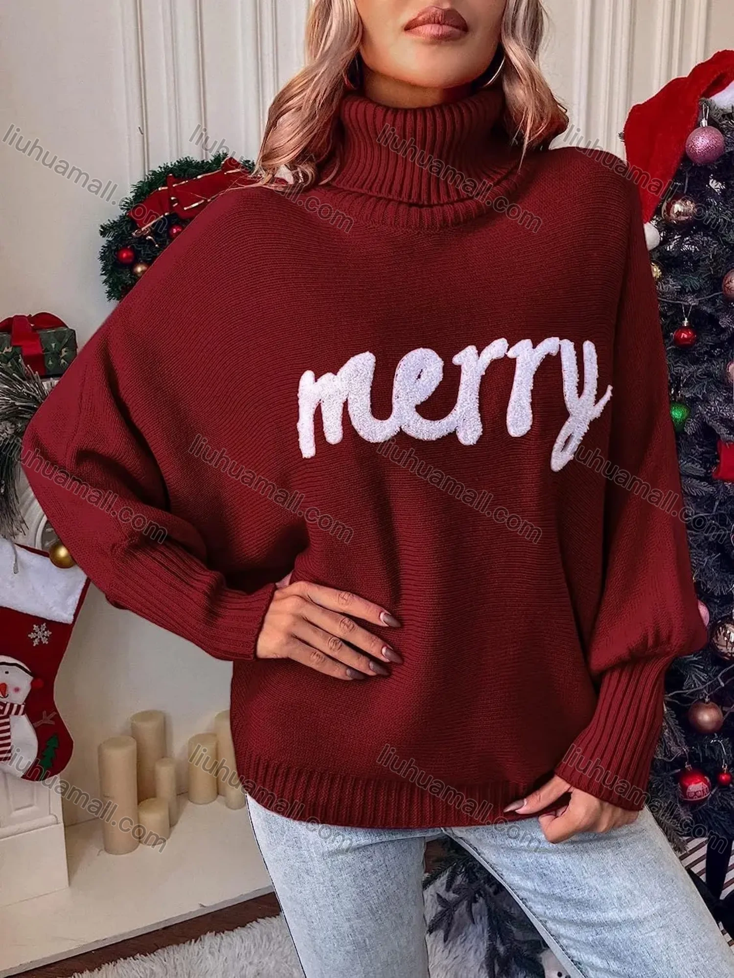Wholesale Women's Casual High Neck Long Sleeve Loose Fit Batwing Sleeve Rib Knit Sweater - Liuhuamall