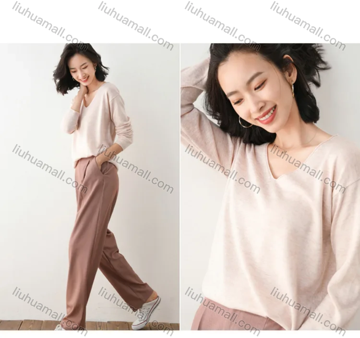 Wholesale Women's Casual V Neck Loose Fit Pullover Sweater Long Sleeve Blouse - Liuhuamall