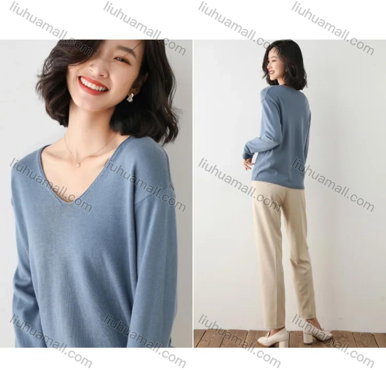 Wholesale Women's Casual V Neck Loose Fit Pullover Sweater Long Sleeve Blouse - Liuhuamall